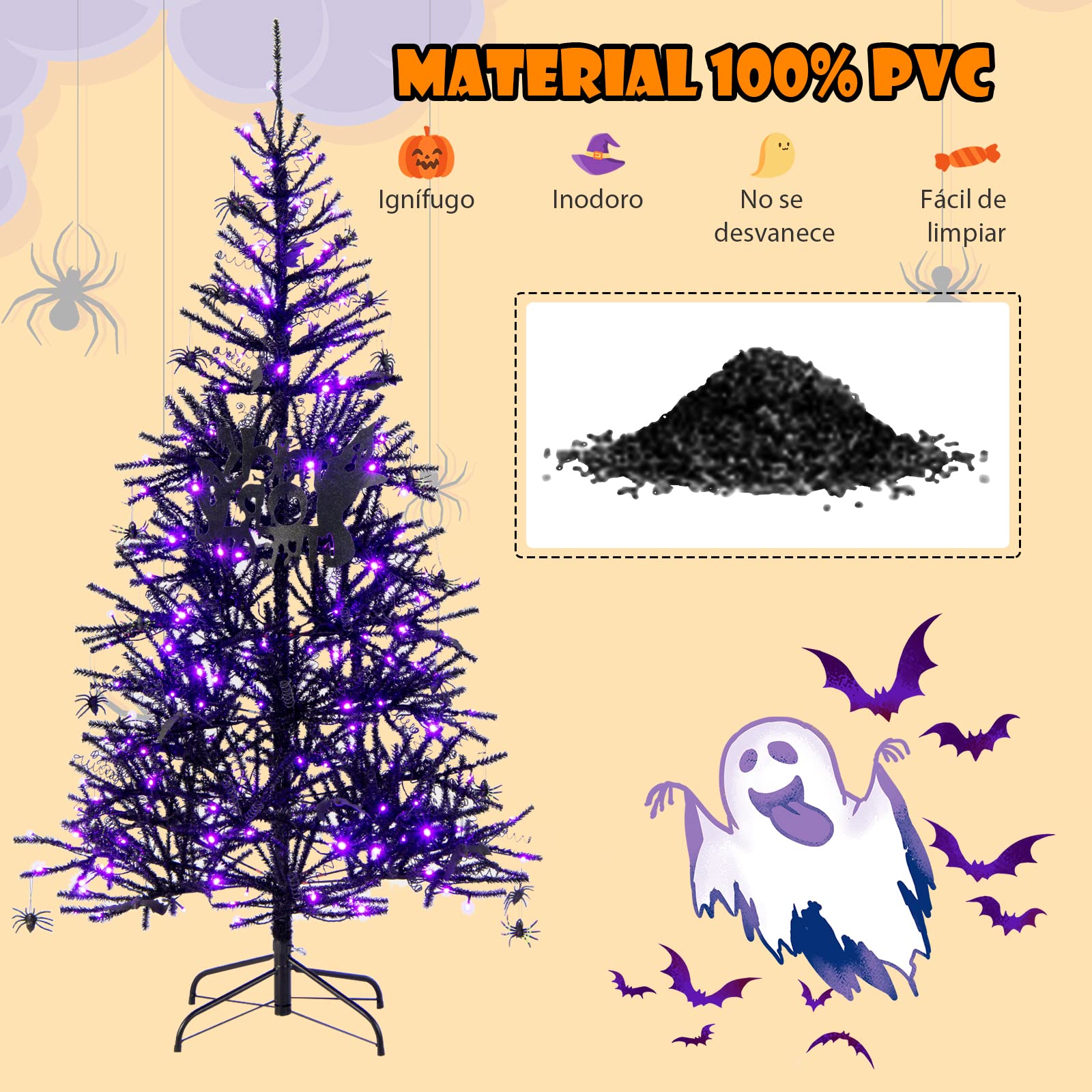 COSTWAY 180 cm Árbol Artificial de Halloween, Árbol de Halloween de Color Negro con 791 Puntas de Rama de PVC, 250 Luces LED y Adornos, Árbol Artificial Hogar, Oficina, Escuela, Instalación Rápida