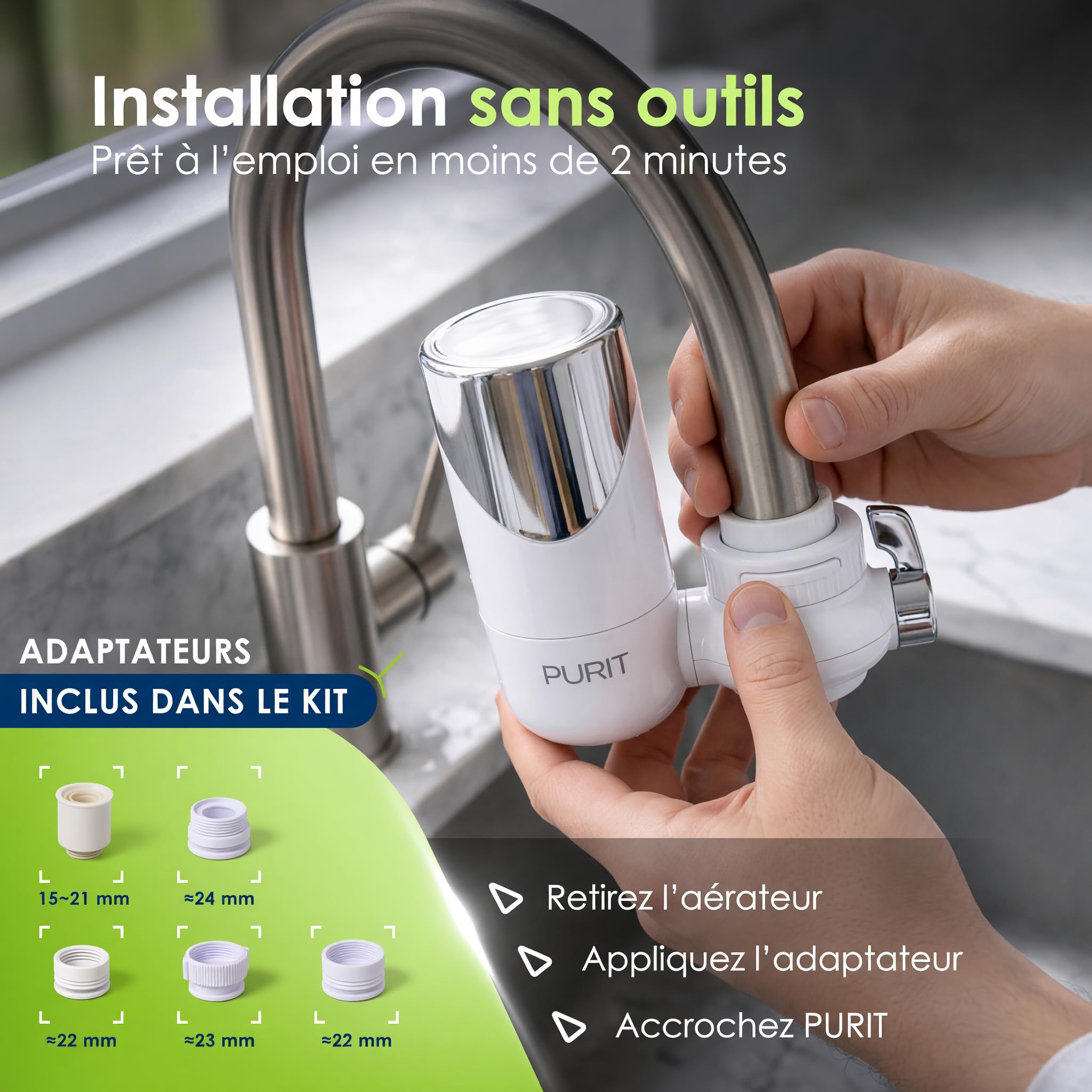 PURIT Filtre à eau robinet cuisine cartouche céramique diatomée charbon actif 1000 L