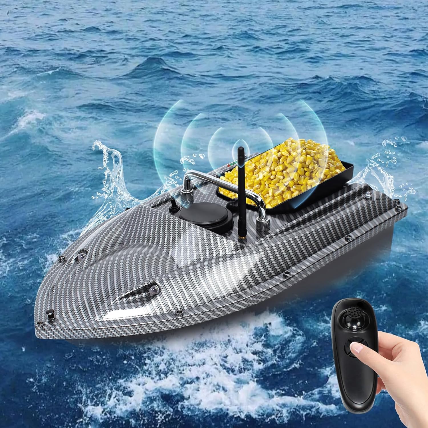 500m Futterboot Angeln Ferngesteuertes Köderboot, Angelköderboot mit LED-Licht, 1.5KG Beladung Nachtangeln Köderboot mit Großem Köderbehälter Wiederaufladbares Automatisches RC Boot