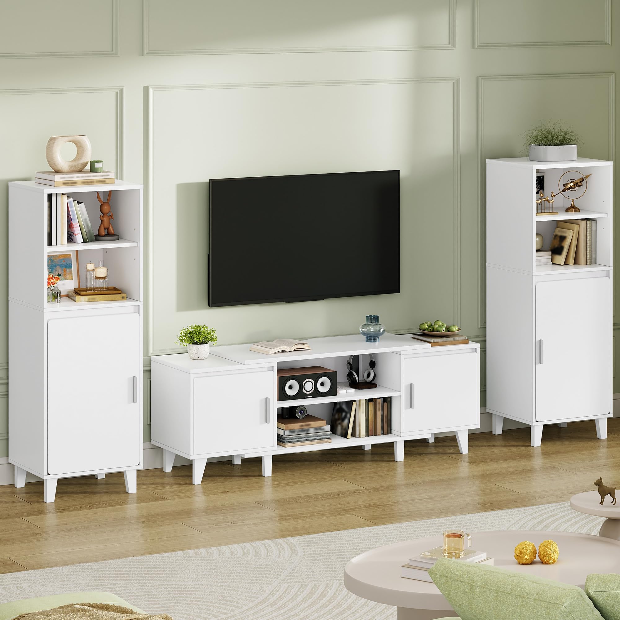 Hzuaneri Wohnwand, 3-teiliges TV Möbel Set mit 1 TV-Lowboard und 2 Freistehenden Schränken, Modernes Mediamöbel Set mit Großem Stauraum für Wohnzimmer, Weiß TV00103W