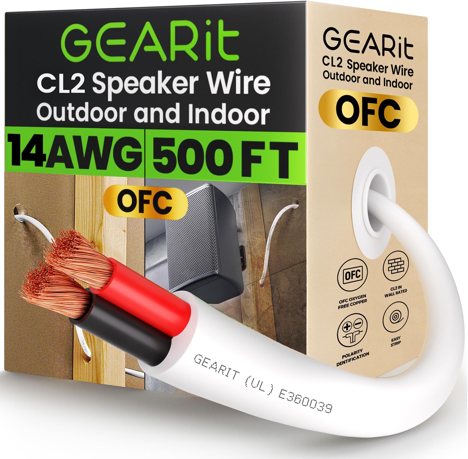 In-Wall Speaker Wire OFC 2x2.5mm≤ (152.4 Meters - White) Oxygen-Free Copper - Hi-Fi Audio Cable for In-Wall / CL2 Rated / 2-Conductors - 14 Gauge AWG, 500 Feet