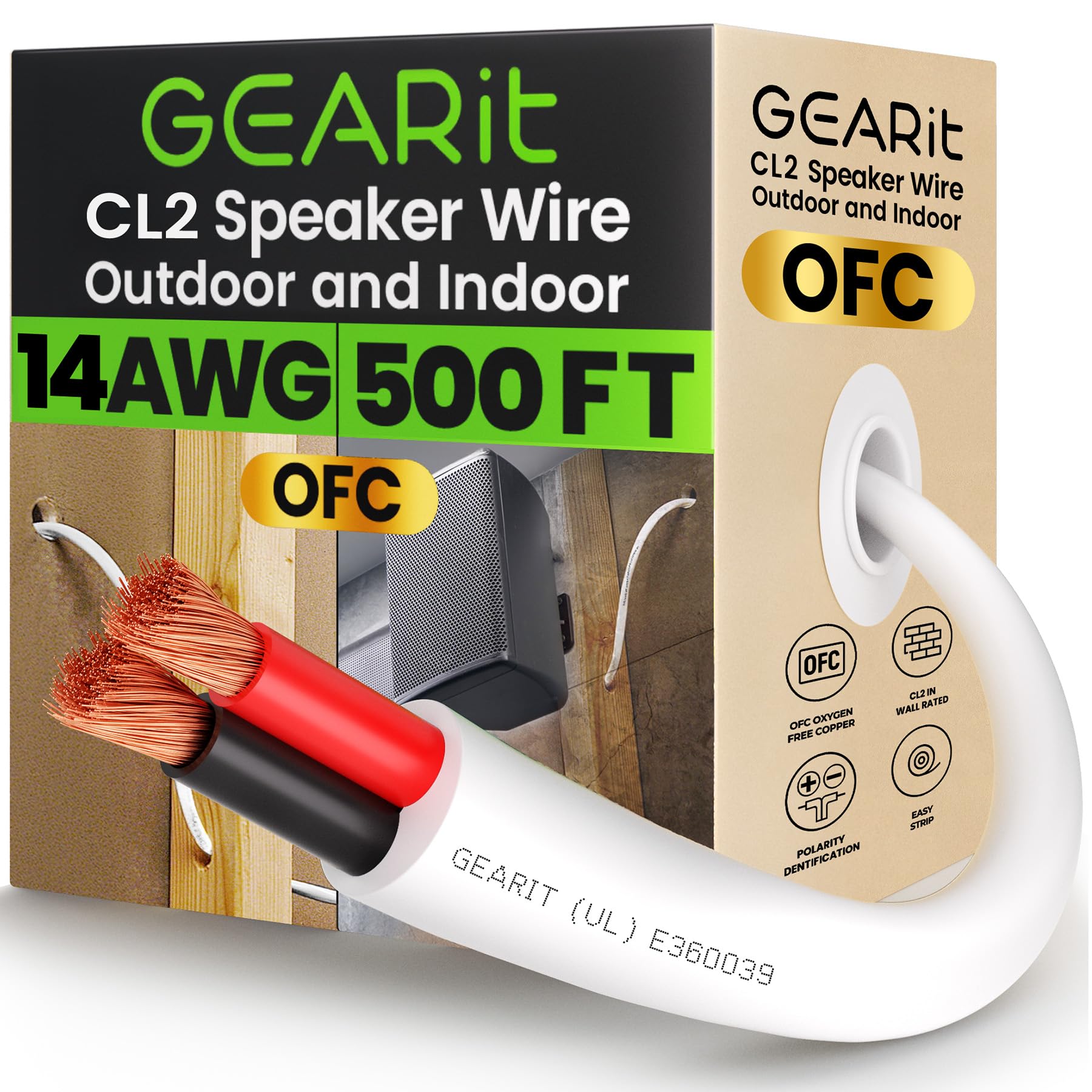 GearIT 14/2 Speaker Wire (500 Feet) 14AWG Gauge - in Wall Audio Speaker Wire Cable / CL2 Rated / 2 Conductors - OFC Oxygen-Free Copper, White 500ft