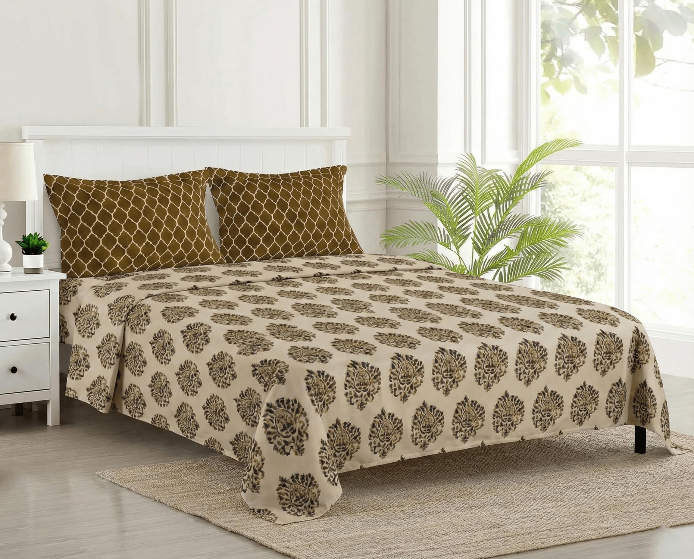 Trance Home Forest Green Cotton Queen Bedsheet Set -1