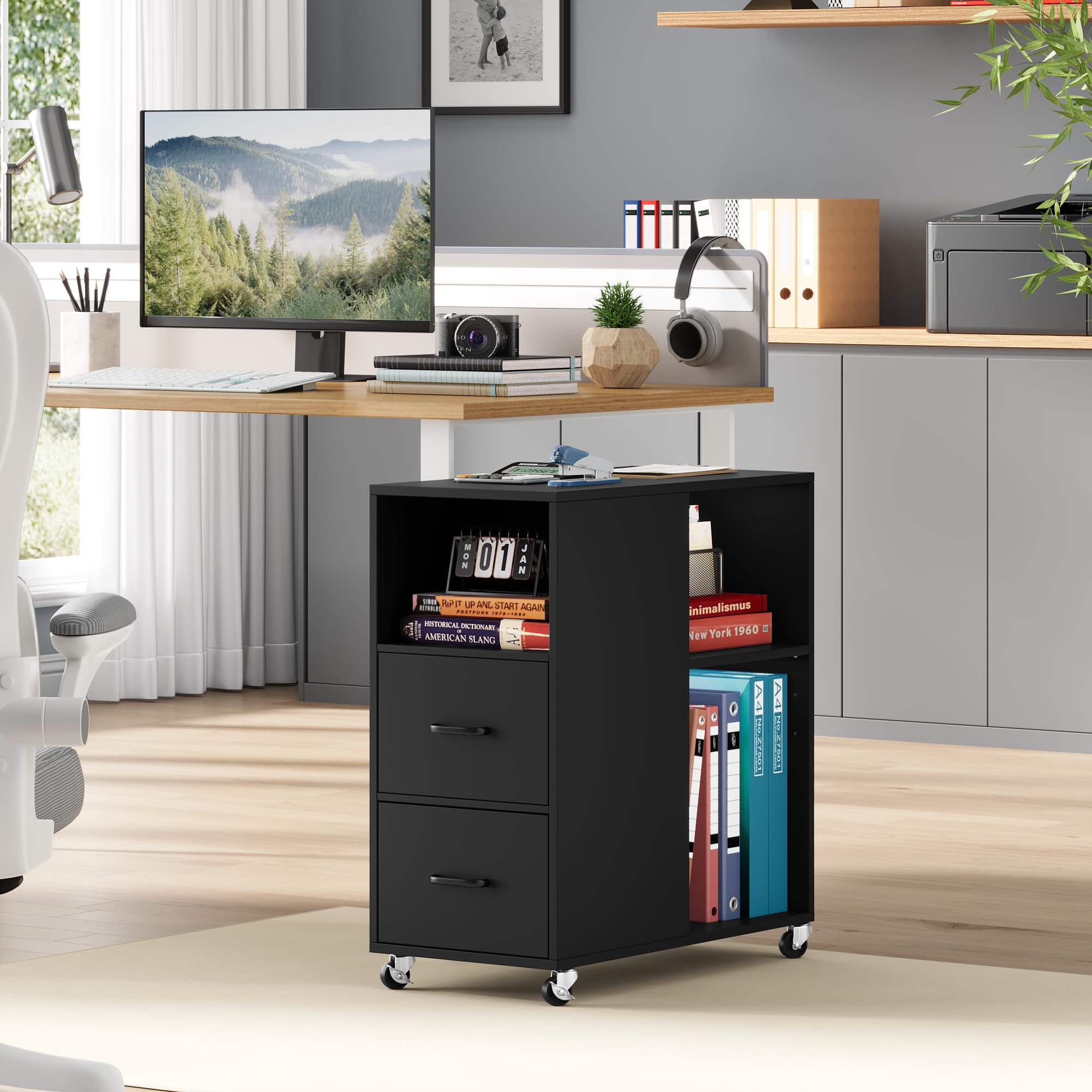 HOCSOK Mobile File Cabinet, Office Filing Cabinet with Open Shelves and Drawers, Under Desk File Cabinet, Black