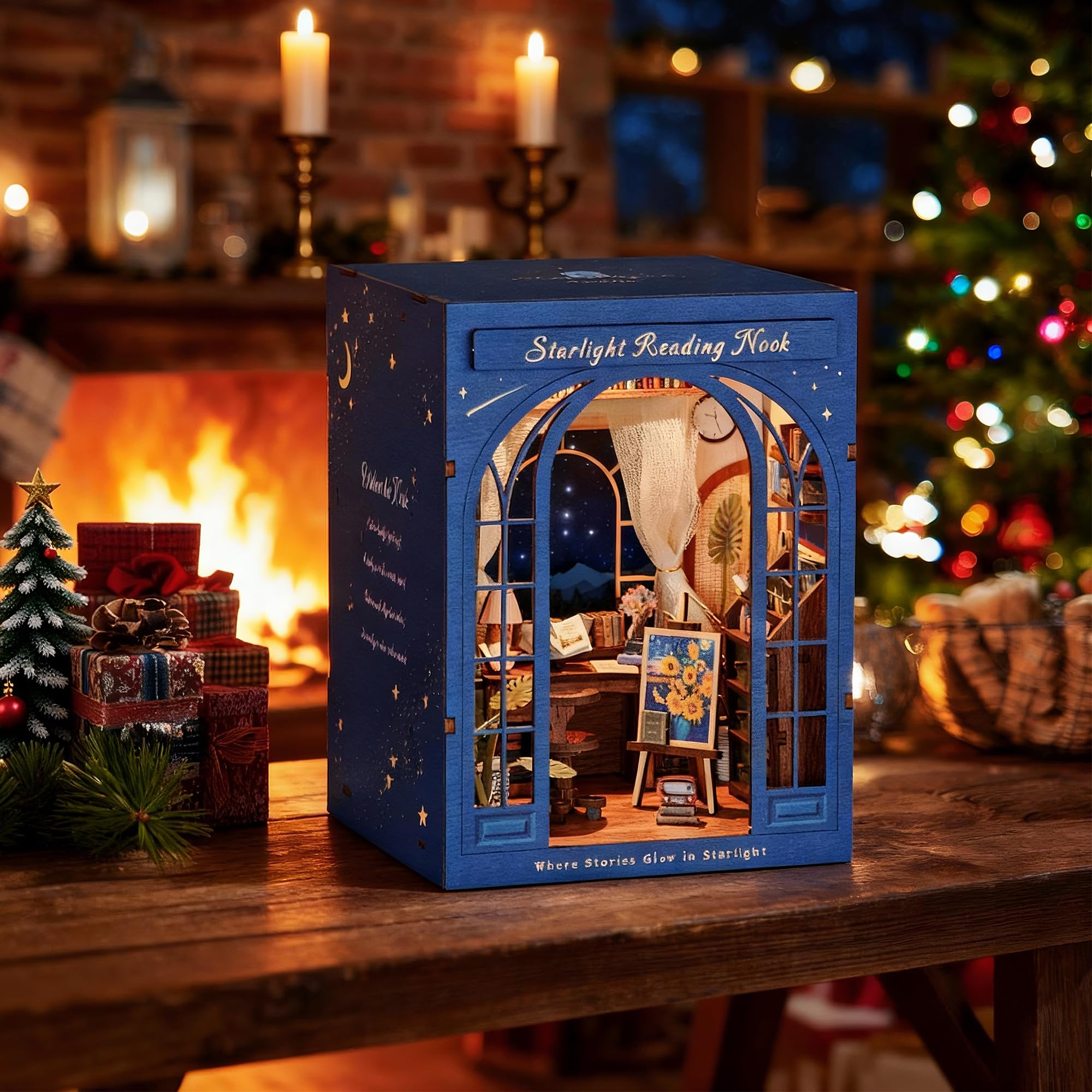 DolphinIsle - Kits de coin de lecture pour adultes, décor de bibliothèque DIY Booknook 3D en bois avec puzzle étoiles et coin lecture scintillant avec ciel étoilé