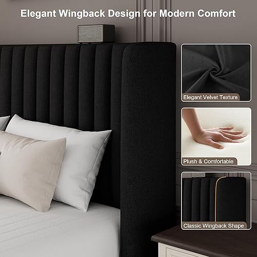 Vista 5 de Cama de Almacenamiento Elevable Tamaño Queen con Cabecera Wingback, Marco de Cama Plataforma Moderna Tapizada en Lino con Soporte de Listones
