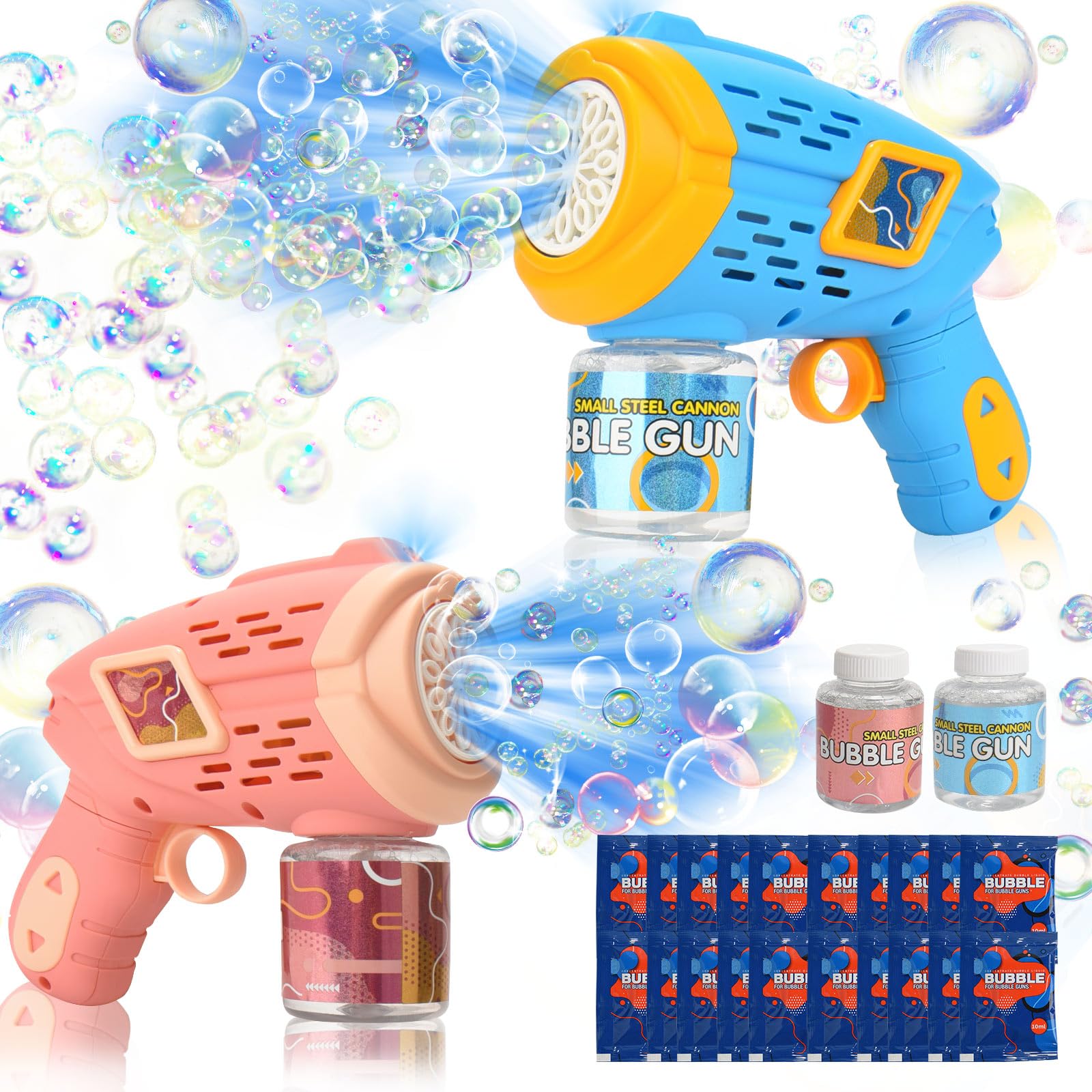 2-Pack Bubble Machine Gun with 2 Bubble Refill Solution, Lights, 360-Degree Leak-Proof Design, Bubble Maker for Kids, Adults, Bubble Gun Blaster Outdoor Toy for Party, Easter, Wedding