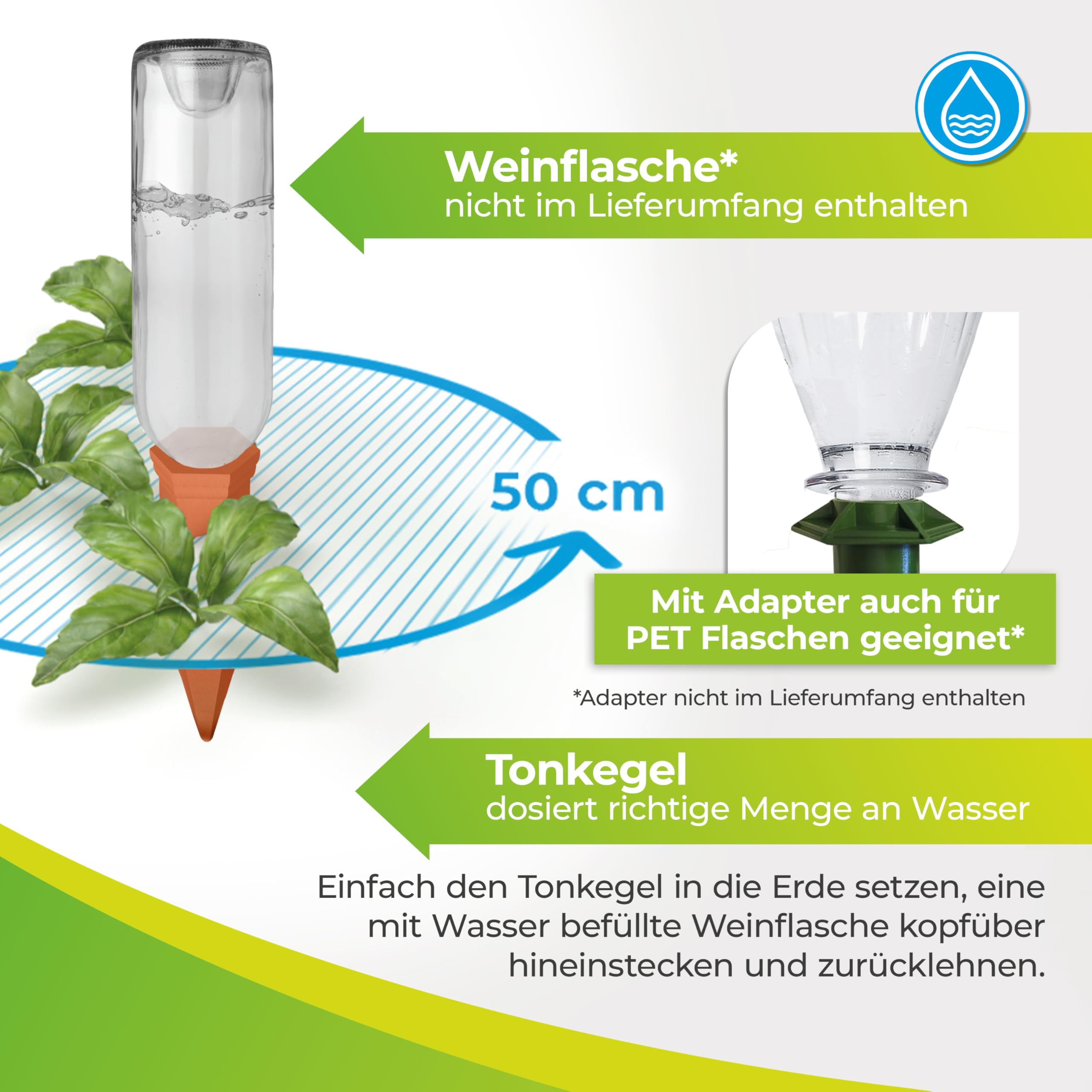 BioGreen 4er-Set Bewässerungssystem Hydro Wine für Balkon- und Kübelpflanzen | Gießkegel aus Ton passend für Weinflaschen I Wasserspender für Topfpflanzen | kein Übergießen und Austrocknen