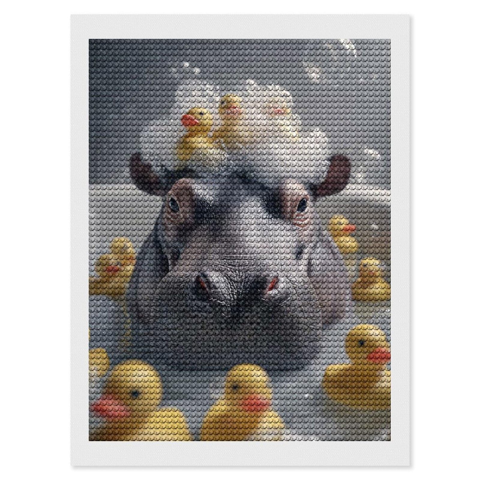 Junmoney Hippo in Bathtub with Rubber Ducks DIY Diamond Art Canvas Kit 12"x16", Christmas Gift, for Family Craft Time, Leisure Activity, Home Wall Art