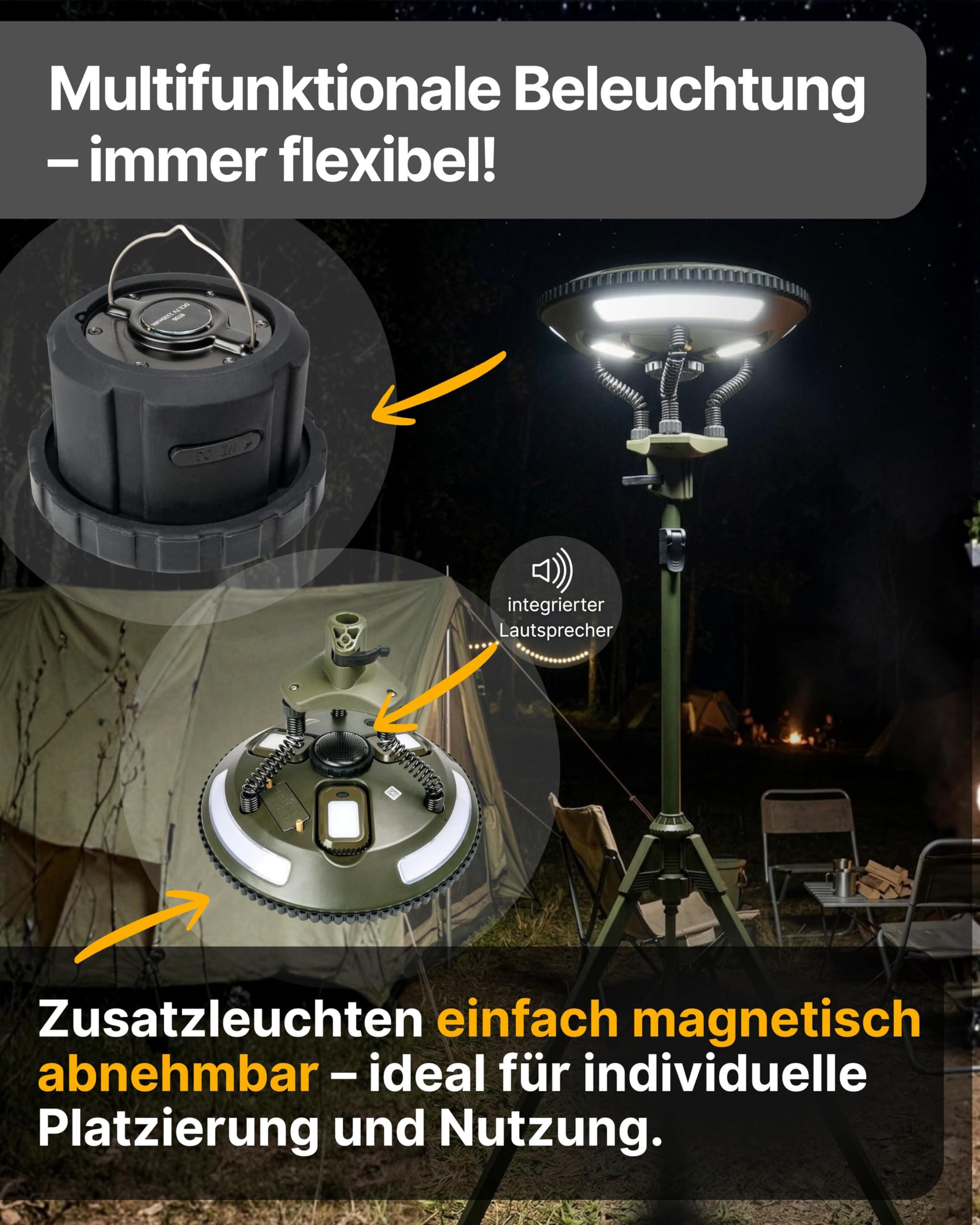 SCHWAIGER LED Campingleuchte mit Stativ & Bluetooth Lautsprecher I Solar Campinglampe mit 3 Zusatzleuchten I solarbetriebene Standleuchte mit Powerbank-Funktion I multifunktionale Outdoor Lampe
