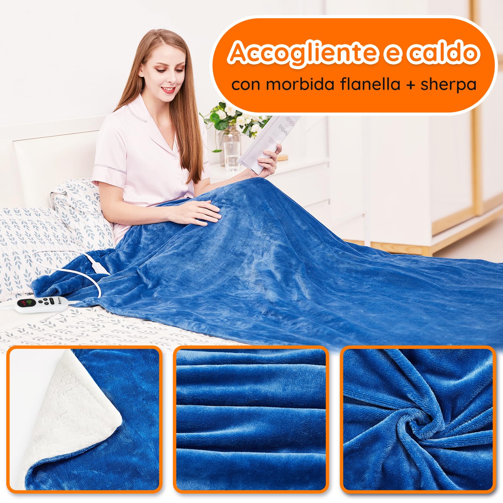 Mia&Coco Coperta Elettrica Termica Riscaldata Riscaldante con Telecomando Digitale, Flanella Sherpa 180x130 cm, 10 livelli e 1~9 ore di spegnimento automatico, Lavabile in Lavatrice, Blu