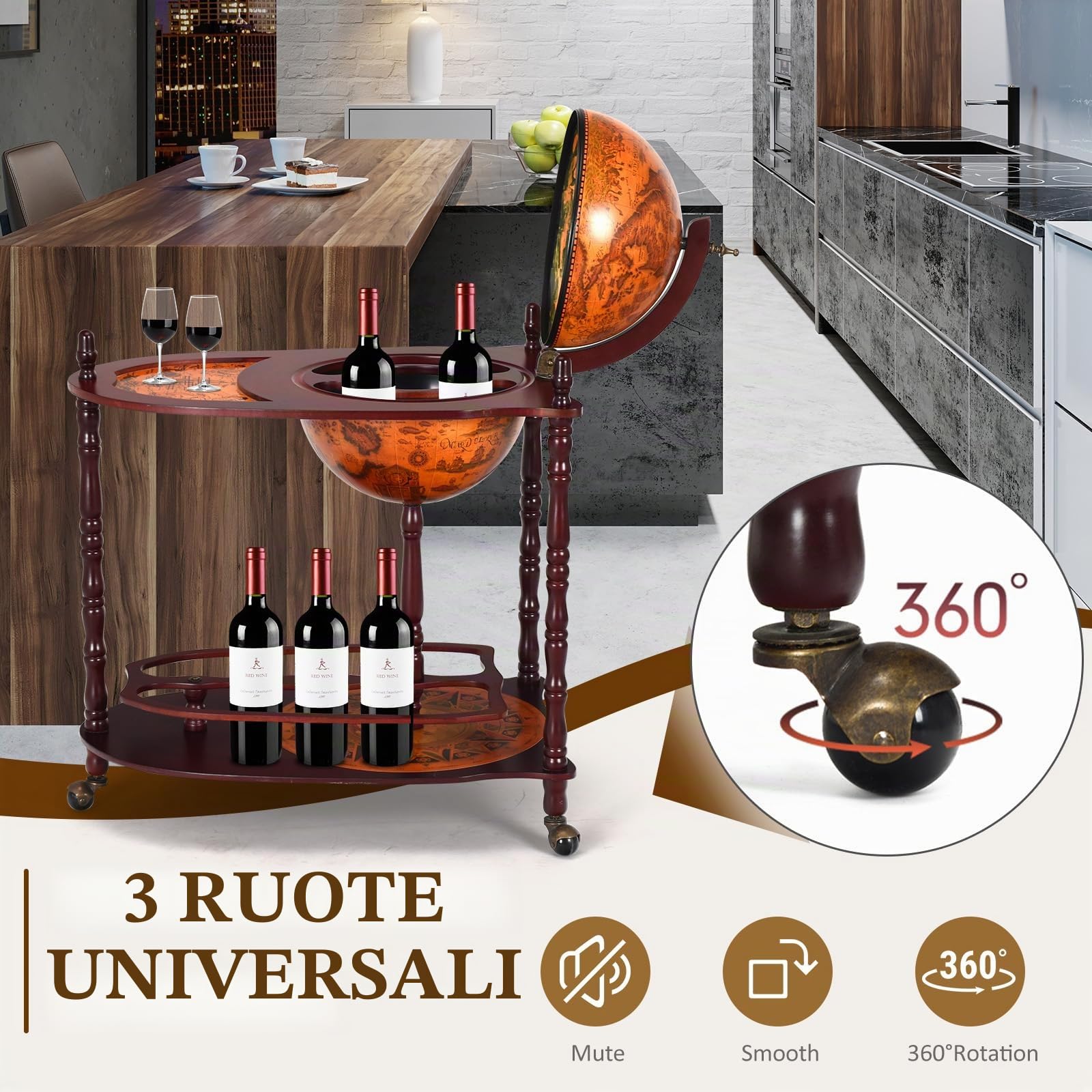 KOMFOTTEU Portabottiglie Bar Globe con Ruote, Supporto per Bottiglie a 2 Livelli, Carrello da Bar in Legno, Mobile Minibar per Bevande, per Ristorante, Festa (Marrone, 70 x 45 x 88 cm)