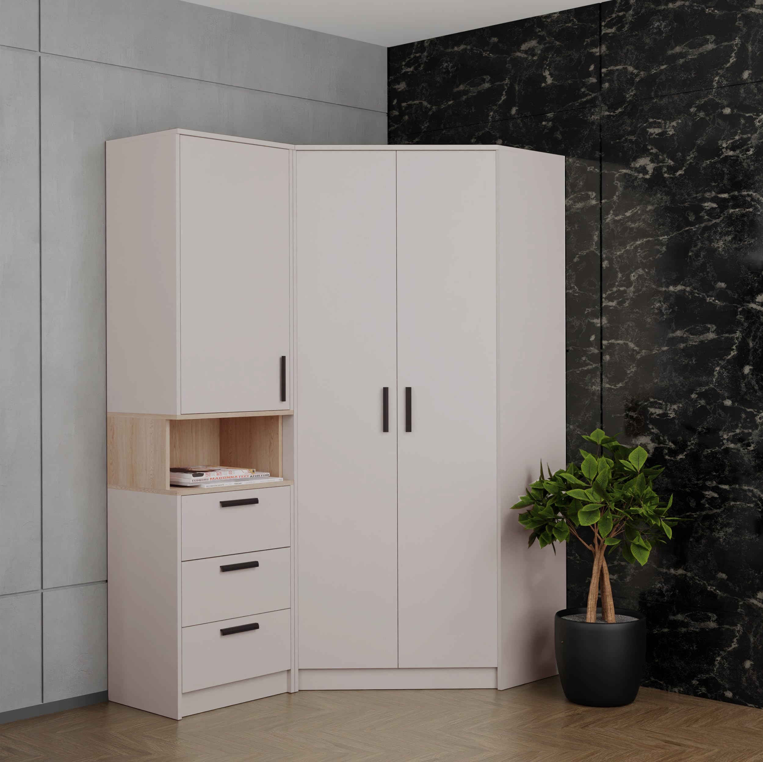 Marmex Grant G8 - Eckschrank 91x195x91 cm, Bücherregal - Eckgarderobe mit Kleiderstangen und Einlegeböden für das Jugendzimmer, Schlafzimmer - Eckkleiderschrank - Cashmere