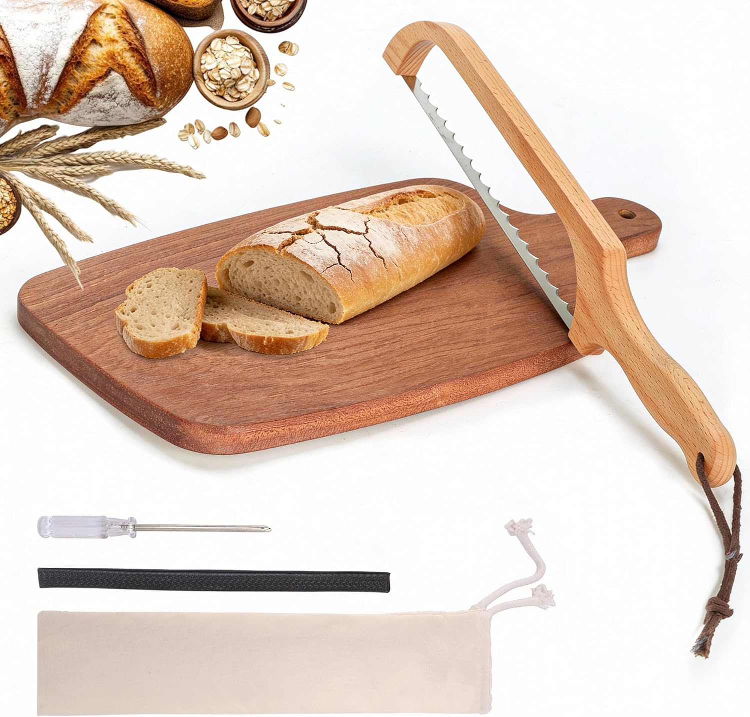 Sourdough Bread Knife and Breadboard Set, 16" Wooden Sourdough Breadknife with cutting Board, Stainless Steel Serrated Bow Bread Knife for Homemade Bread, Bagels, Baguettes and More