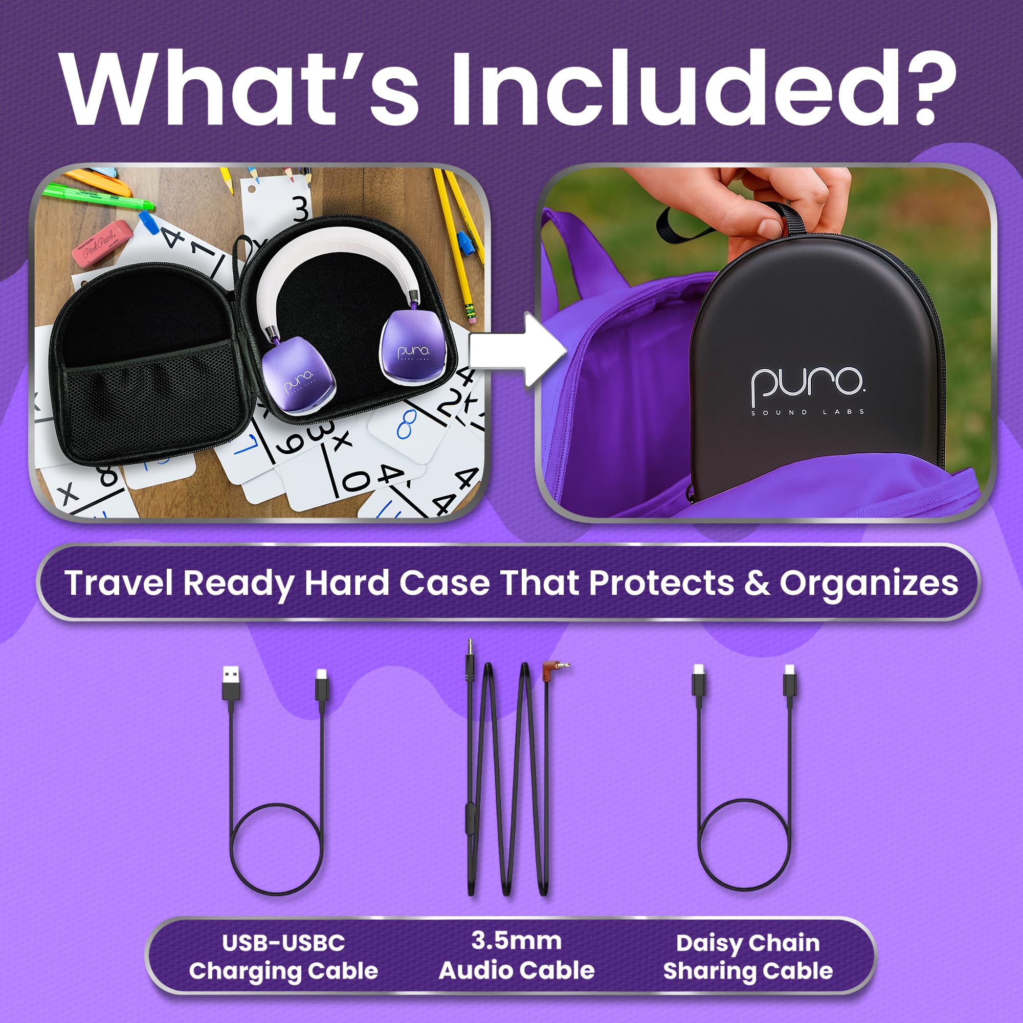 Puro Sound Labs PuroQuiet Plus - Auriculares Bluetooth supraaurales con cancelación activa de ruido, ligeros para niños con micrófono integrado, sonido más seguro, calidad de grado de estudio (morado)