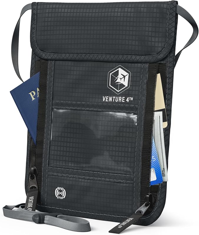Cartera de viaje para el cuello, porta pasaporte con bloqueo RFID - Gris