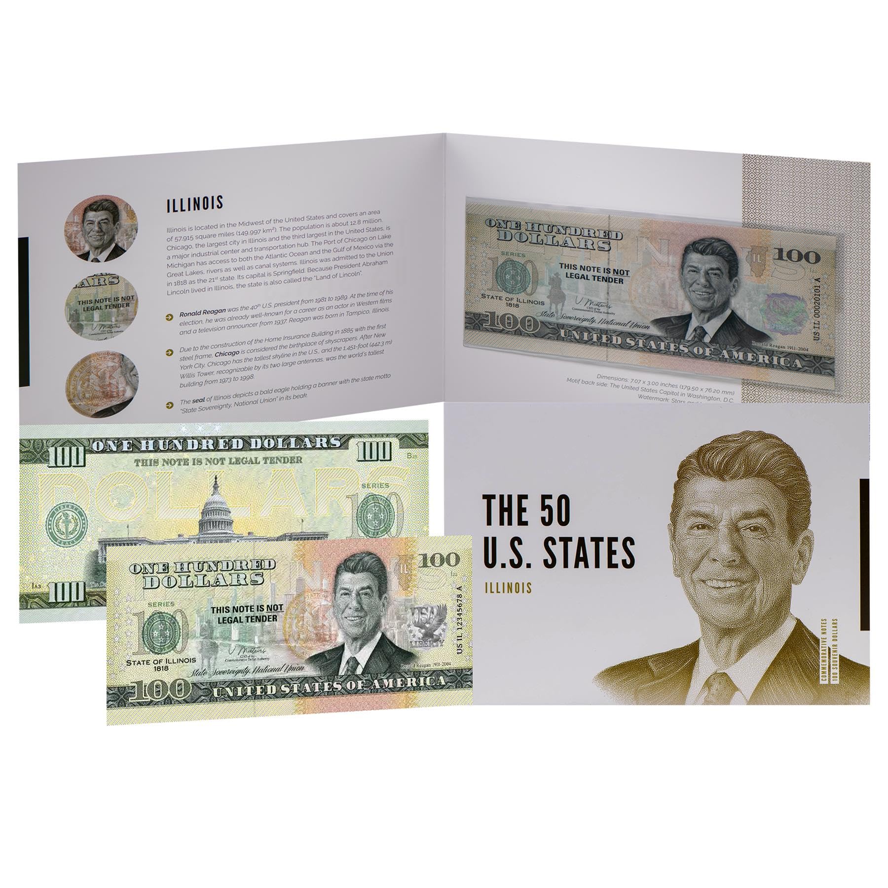 HOBBY OF KINGS USA 100 Dollar Note | Illinois Commemorative Souvenir | Ronald Reagan Portrait | Chicago Skyline | Collector's Album | The 50 U.S.