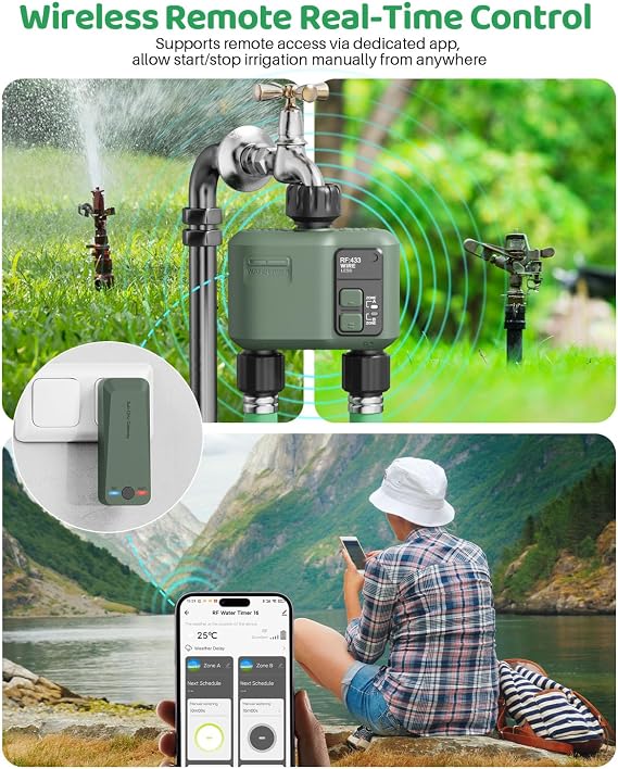 2 Pcs WiFi Water Timer 2 Zone for Garden Hose, Smart Sprinkler Timer with 984ft RF Range, Smart Lawn Watering System Irrigation Controller, APP/Voice Control, Rain Delay, Automatic/Manual Irrigation
