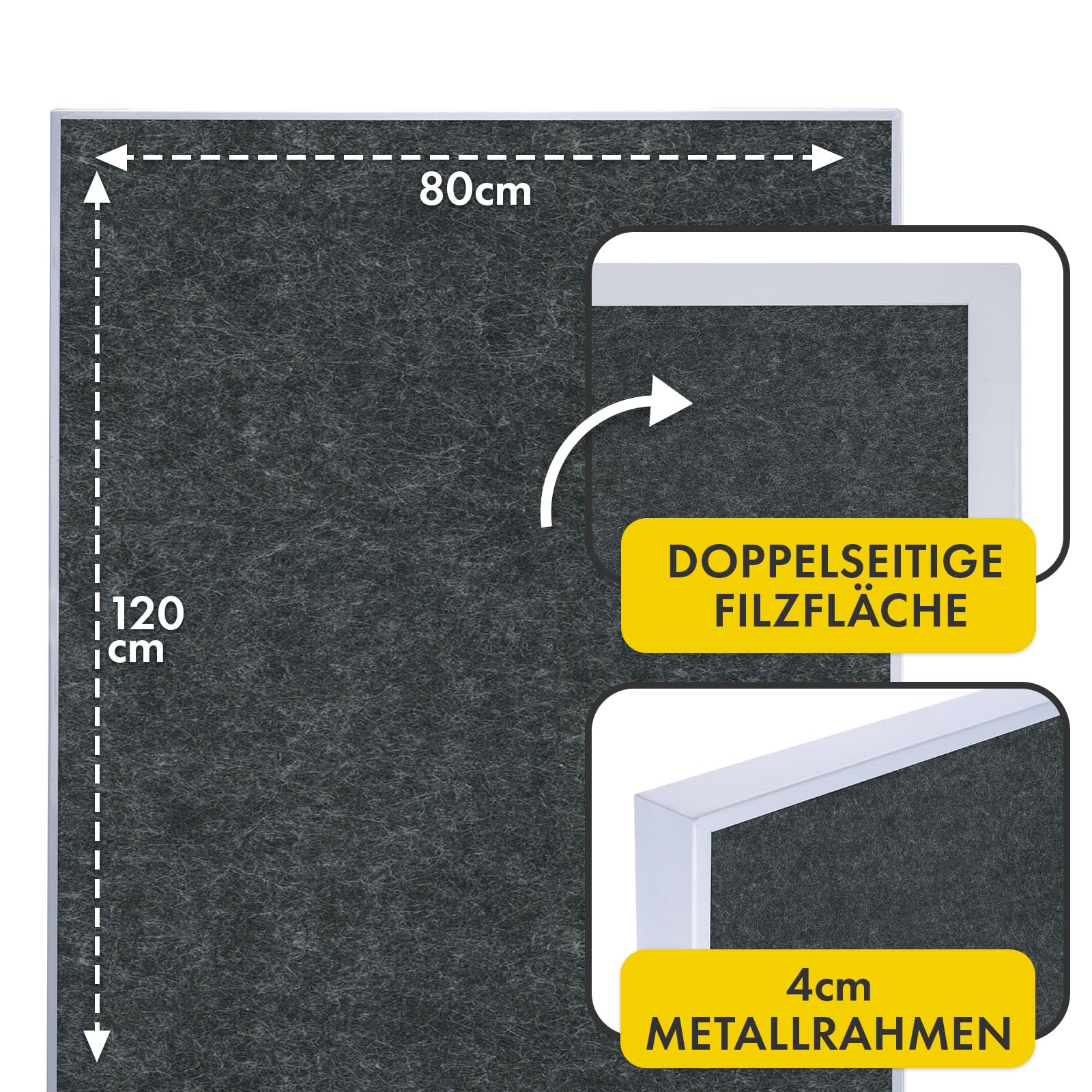 OfficeMarshal Moderationwand Doppelseitig 80 x 120 cm Präsentationstafel mit feststellbaren Rollen - Filztafel Pinnwand - Stabiler Metallrahmen - Giant (Schwarz)