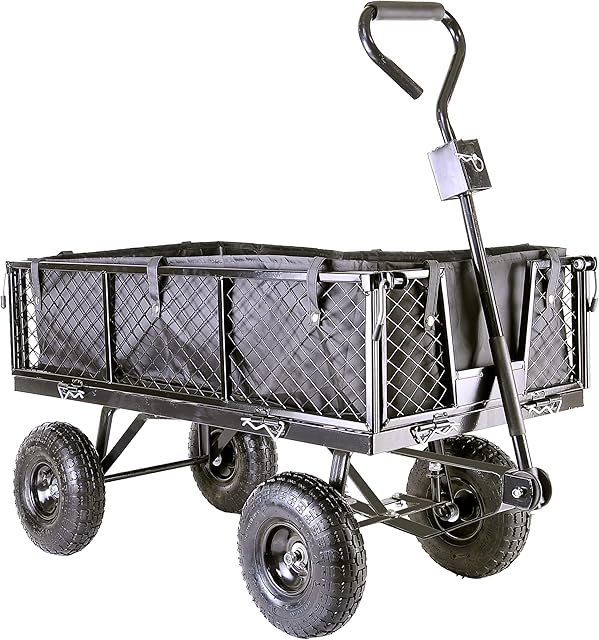 Garden TRAILER Cart Pull Along Trolley 350kg Heavy Duty Black Mesh Utility Gardeners Wagon with Removable Liner, Folding Sides, Pneumatic Tyres, Outdoor Cart for Gardening, Festivals, Camping
