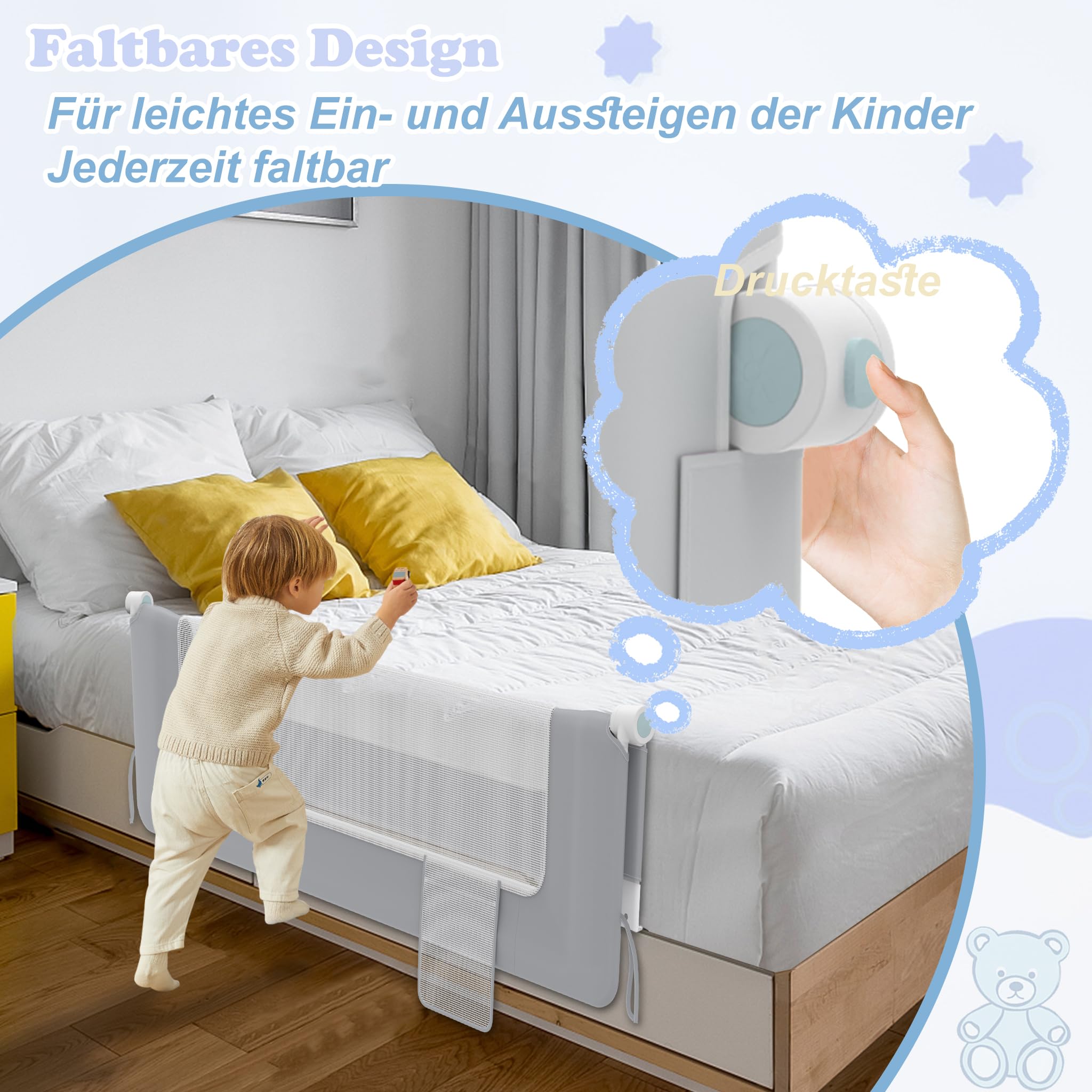 Griglia Di Protezione Per Letto 200 Cm, Pieghevole E Regolabile, Per Bambini 18 Mesi-5 Anni - Anticaduta, Facile Montaggio, Grigio