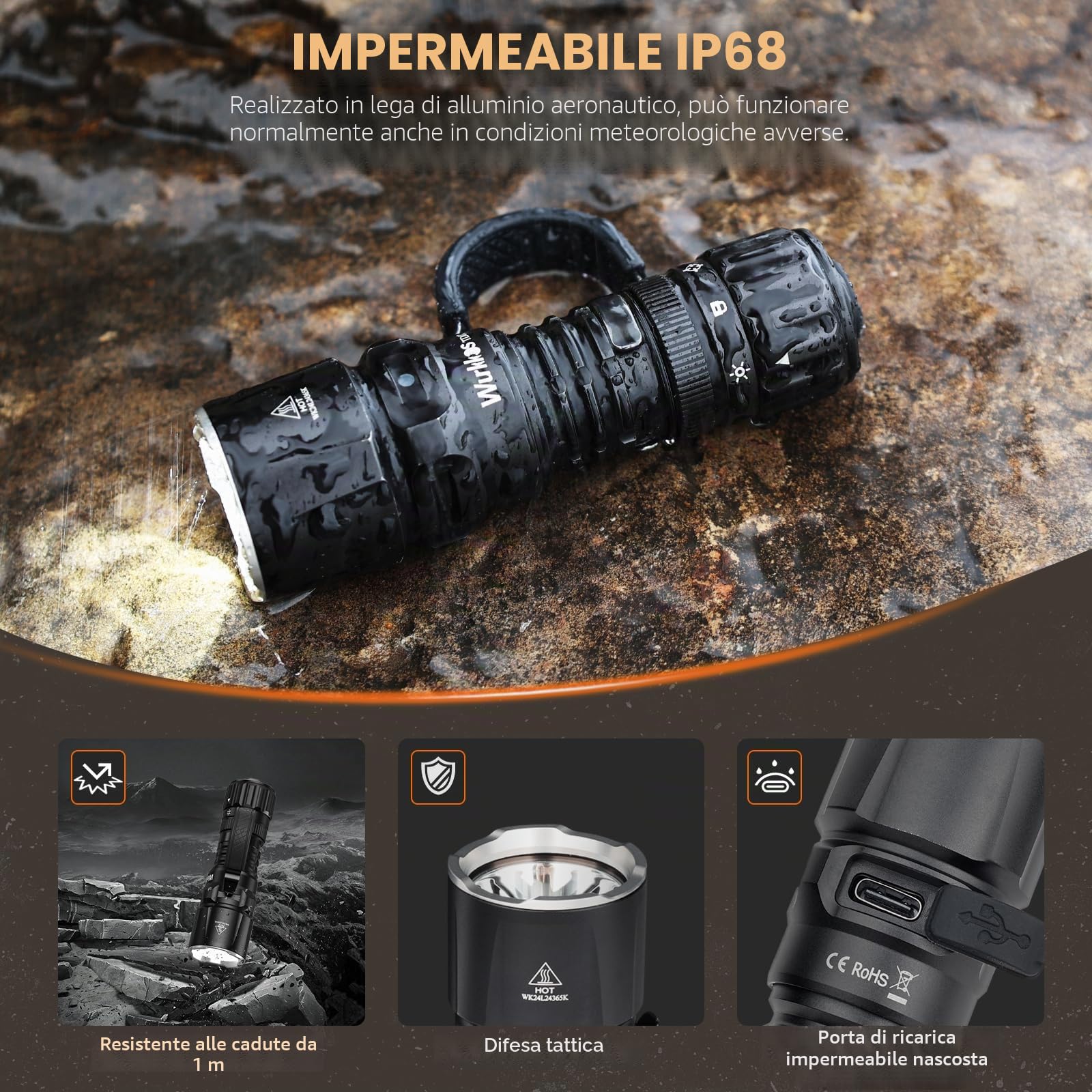 Wurkkos TD07 Torcia LED Potente Professionale 1300 lumen Super Luminoso Torcia LED Ricaricabile Luce Istantanea Turbo/Stroboscopio, IP68 Portatile Torcia Potente per Campeggio/Escursionismo/Emergenza