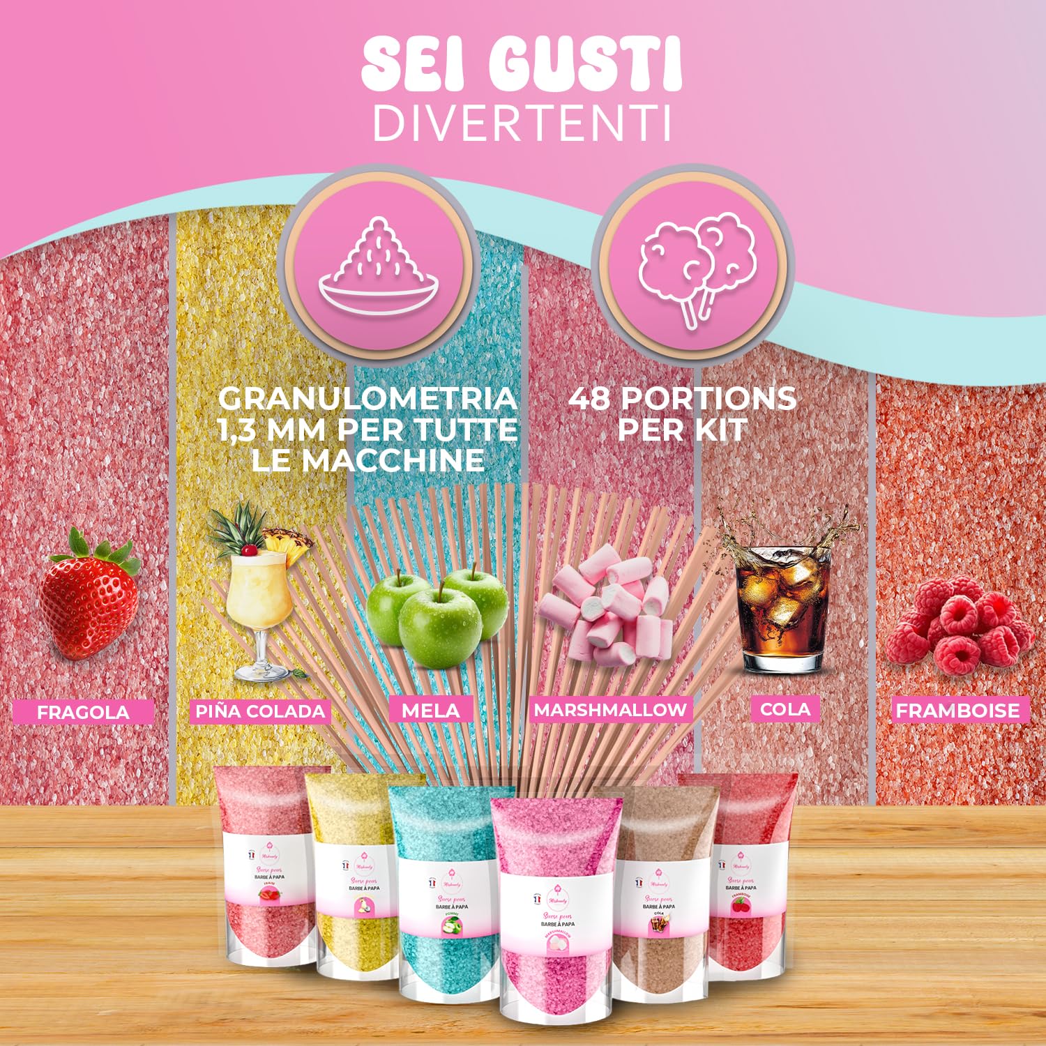 Misskandy, zucchero filato per macchina/lotto da (6 * 160g) / aromi: fragola, marshmallow, pina colada,mela, cola, lampone + 20 bastoncini