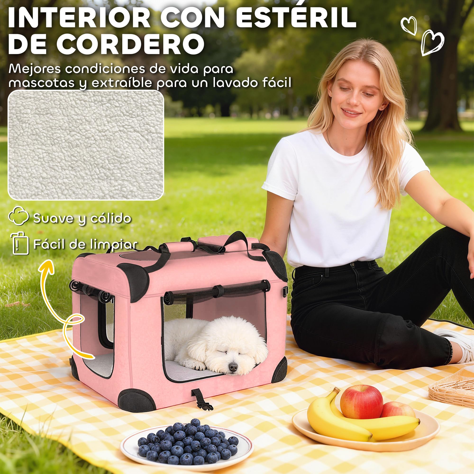 PawHut Transportín para Perros Plegable, 60x41,5x41 cm, Transportín para Mascotas con Ventanas de Malla, Cojín Suave y 2 Asas, Bolsa de Transporte para Mini Perros, Gatos, Rosa