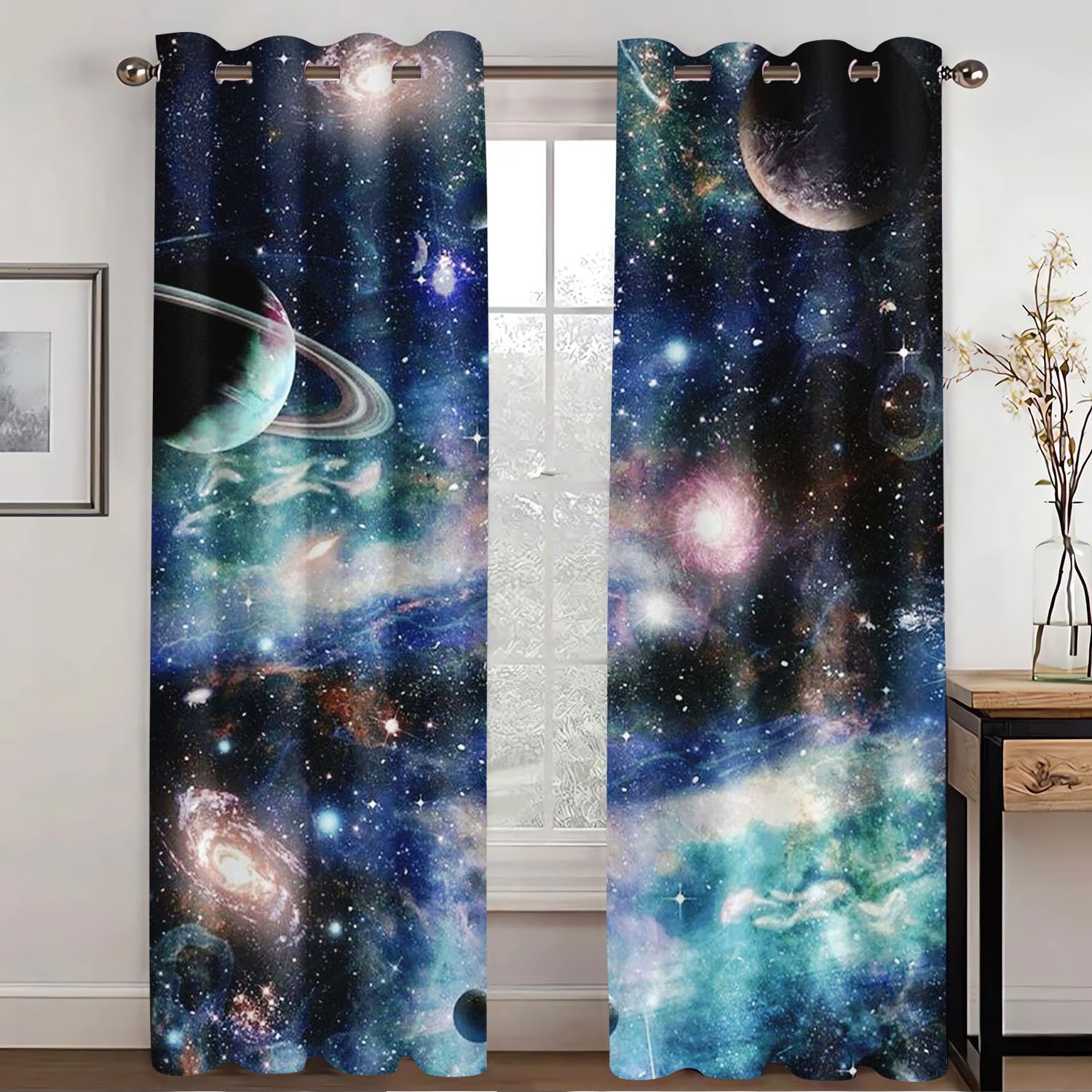 KARPIX Universe Planet Window Curtain, Space Starry Clear Curtains with Eyelets