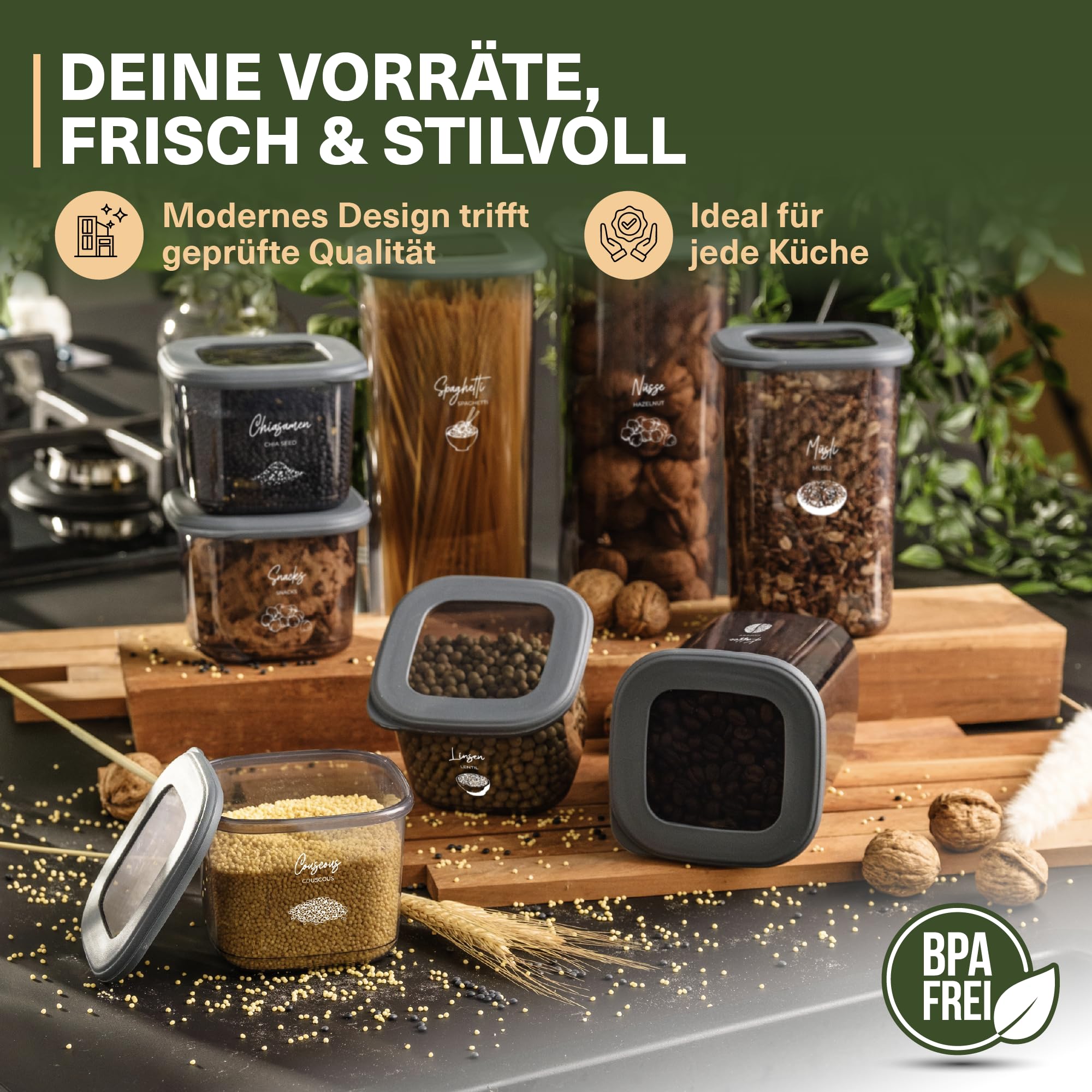 Viwares Contenitori con coperchio, ermetici, set da 48 contenitori senza BPA, per la conservazione della farina di cereali, cucina, pratico organizer da cucina, contenitori per alimenti