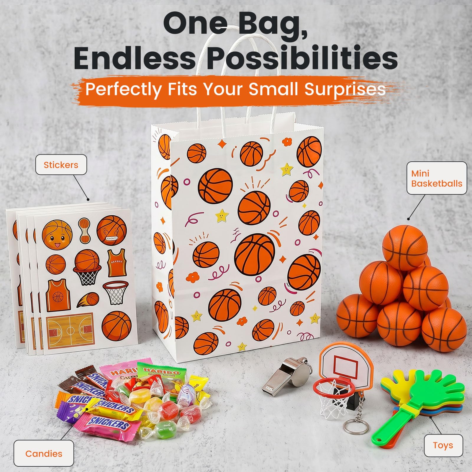 VGOODALL 16 Pack Gift Bags, 5.5" x 2.8" x 8" Basketball Party Favor Bags with Handles for Sports Theme Birthday Party Supplies