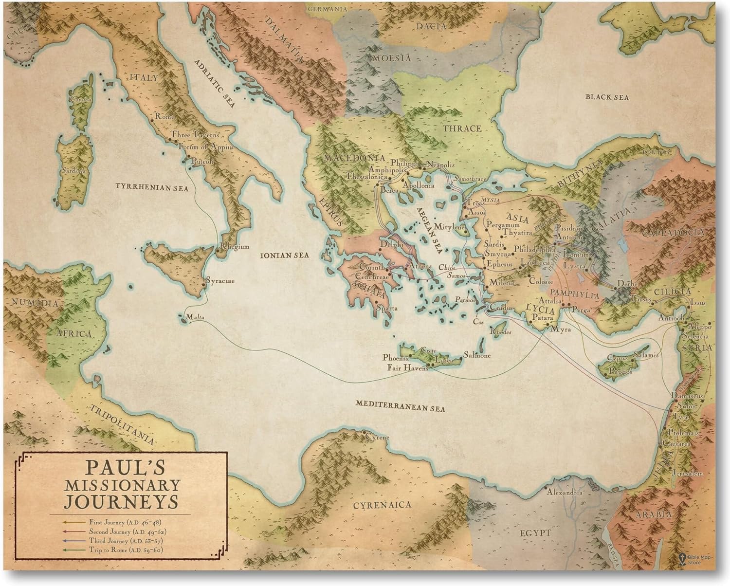 Paul’s Missionary Journeys Bible Poster - Early Church Artwork for Classroom, Biblical map of Ancient Christian World, Religious Home Decor (11x14")