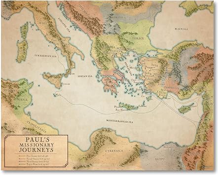 Pauls Missionary Journeys Bible Poster - Early Church Artwork for Classroom, Biblical map of Ancient Christian World, Religious Home Decor 11x14"