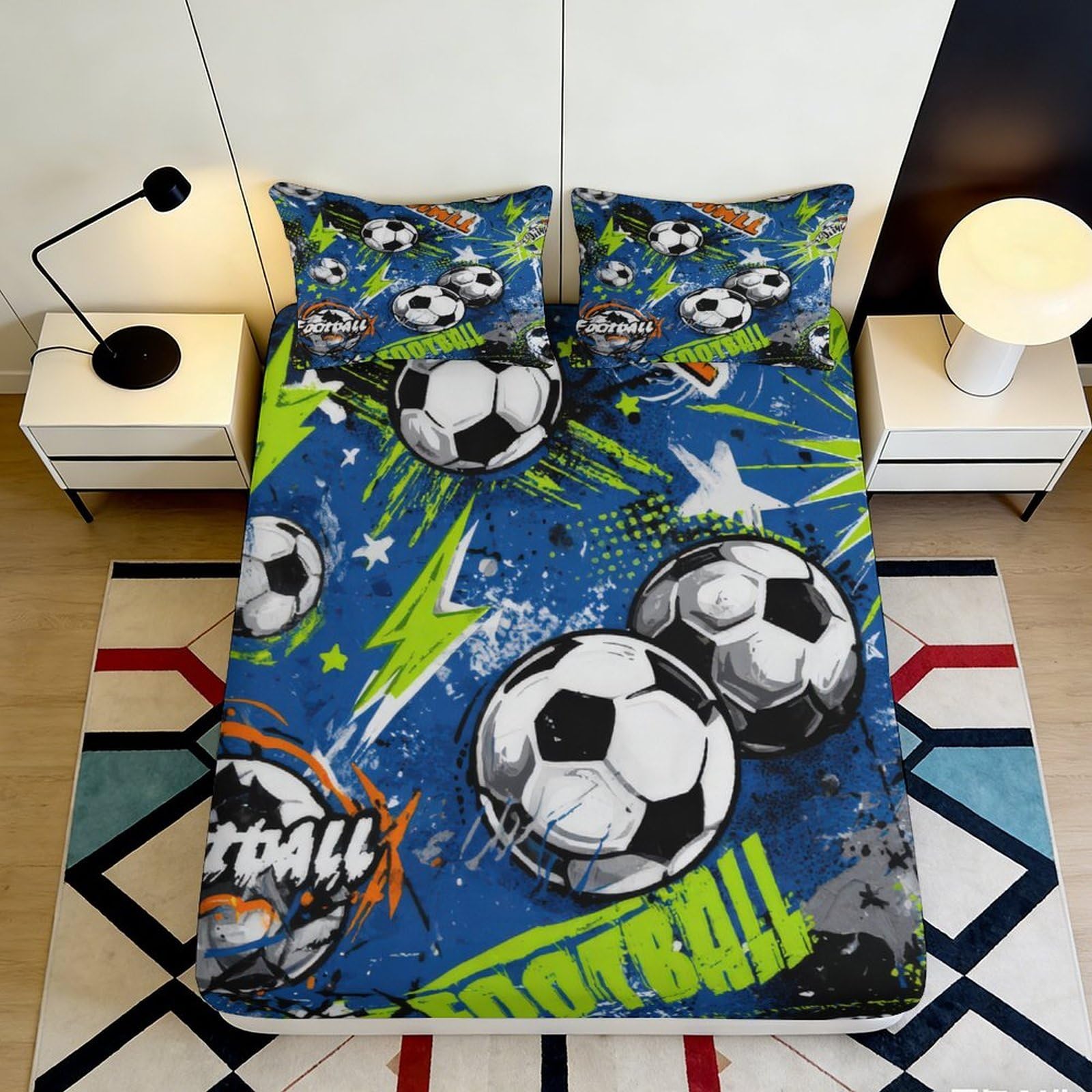 3D Printed Football Graffiti Fitted Sheet Microfiber Blue Sports Soccer Bed Cover for Bedroom Dorm Mattress Protection Decor 120x200x25cm