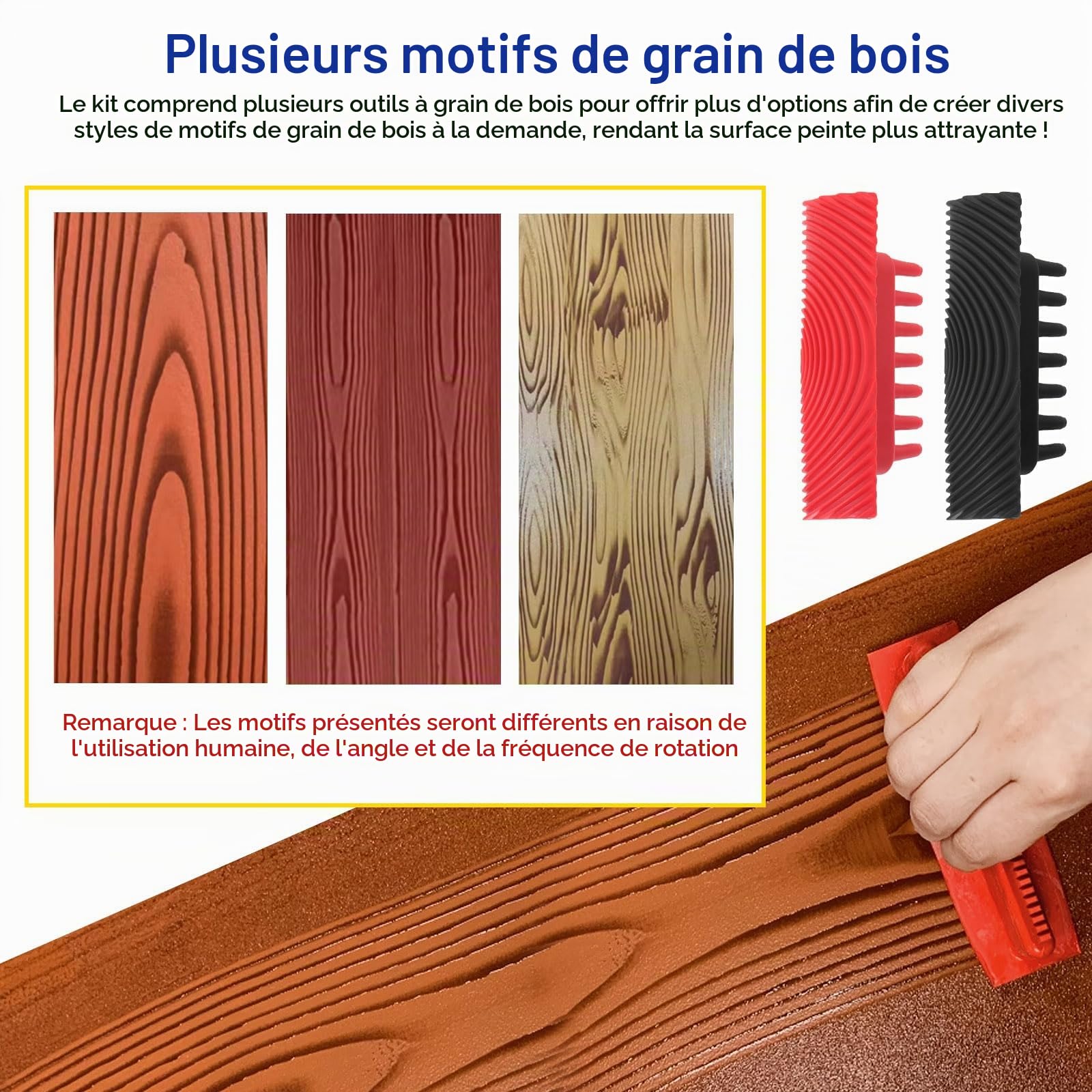 8PCS Outil de Grain de Bois en Caoutchouc et 3 Pinceaux de Peinture, Outils de Peinture pour Grain de Bois, Rouleau De Grain De Bois, Rouleaux de Peinture Imitation, Outils Motif Bois