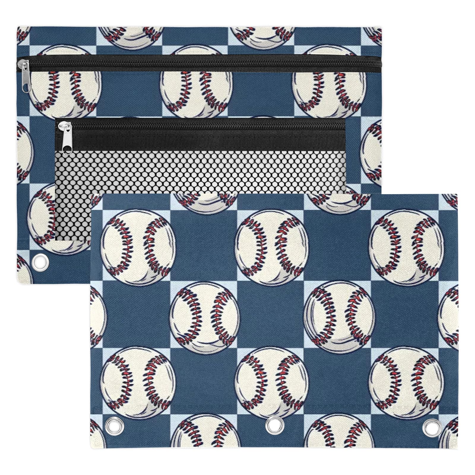 Gumuslen Sports Baseball Pencil Pouch for 3 Ring Binder Balls Pencil Case Bag with Clear Window Zipper Pockets for Kids Girls Boys Students School