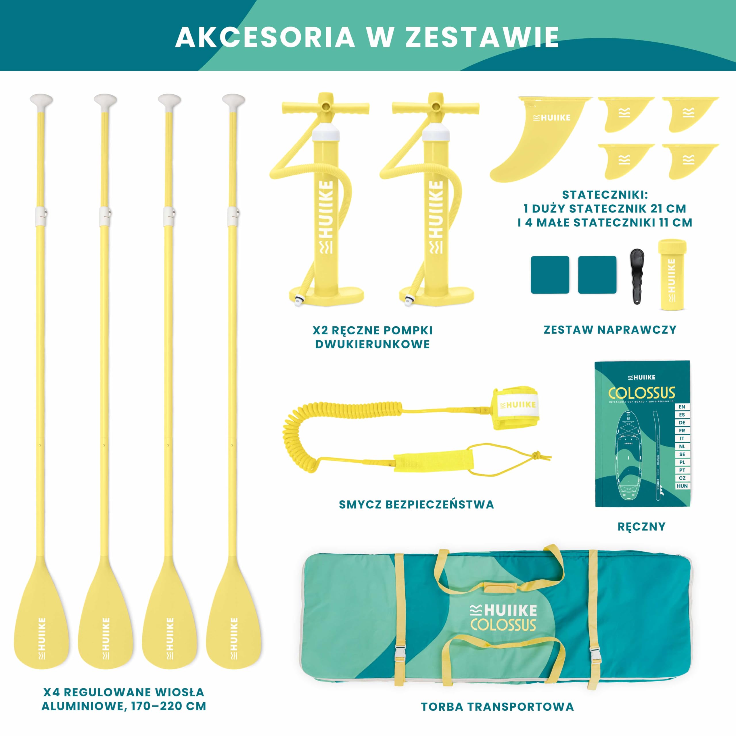 HUIIKE Stand Up Paddle Board 15' dla 4 Osób z Dołączone Akcesoria, 4 Wiosłami, 2 Pompkami, Statecznikami, Leash, Torbą. Pompowana Deska SUP Wysokiej Stabilności i Wytrzymałości. Udźwig 480 kg