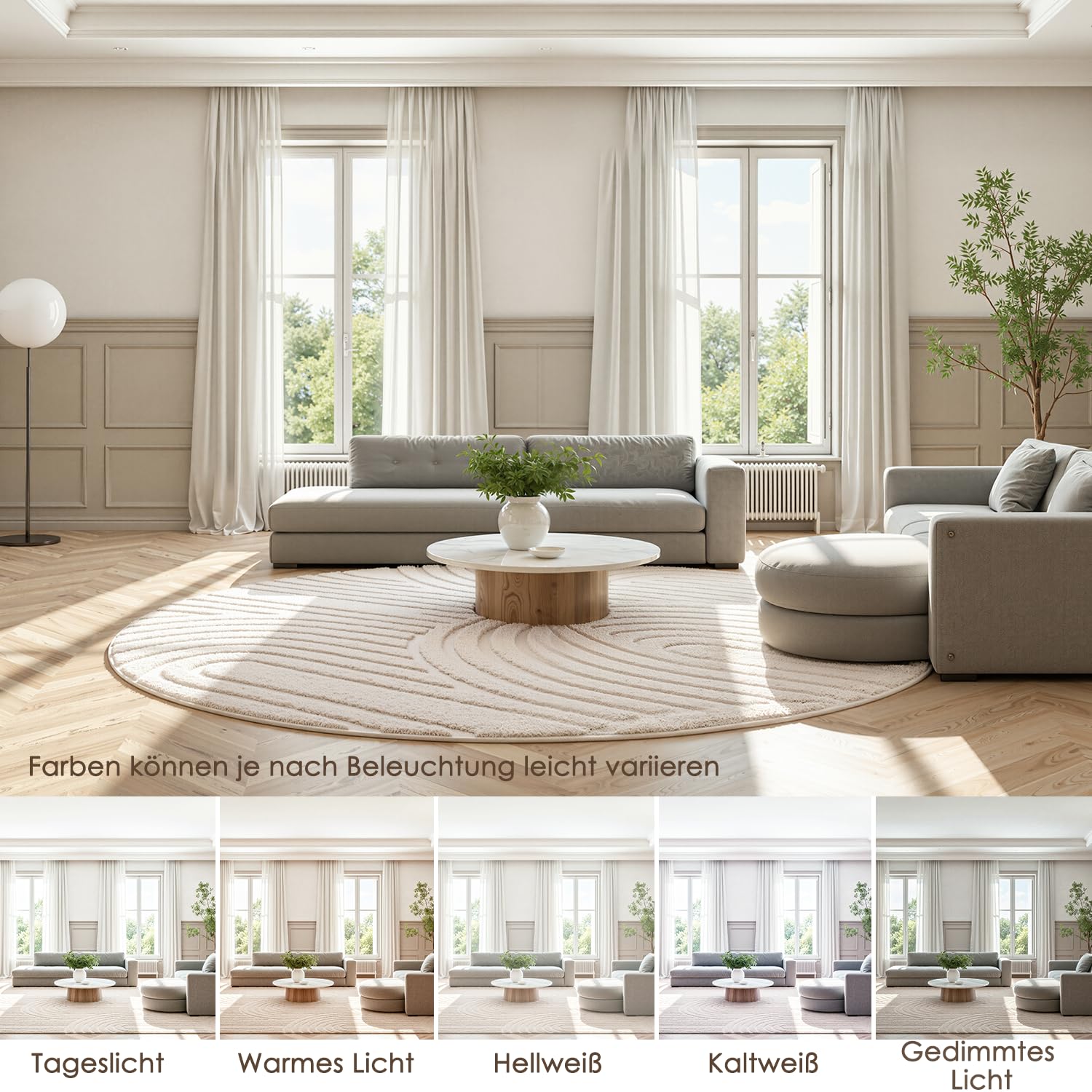 Runder Teppich Beige Ø 120 cm mit Relief-Struktur Kreise, Weicher Soft-Flanell, rutschfest, Waschbar & Faltbar, Deko-Akzent für Kinderzimmer & Leseecke
