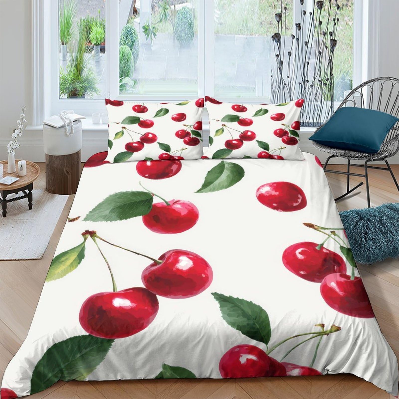Ctjqhvkz Style-6 3D Printed Cherry Fruit Fitted Sheet Microfiber Soft Breathable Red Leaf Bed Cover For Bedroom Dorm Mattress Protection Single（135X200cm）