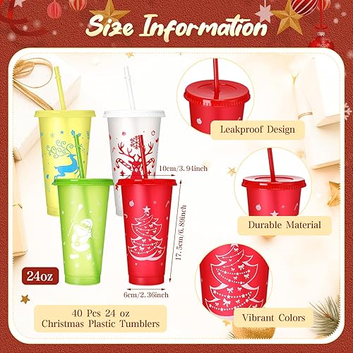 Miniatura 2 de Sliner 40 vasos reutilizables de Navidad con tapas y pajillas, vasos de plástico de 24 onzas con tapas y botellas de agua con popote a granel para