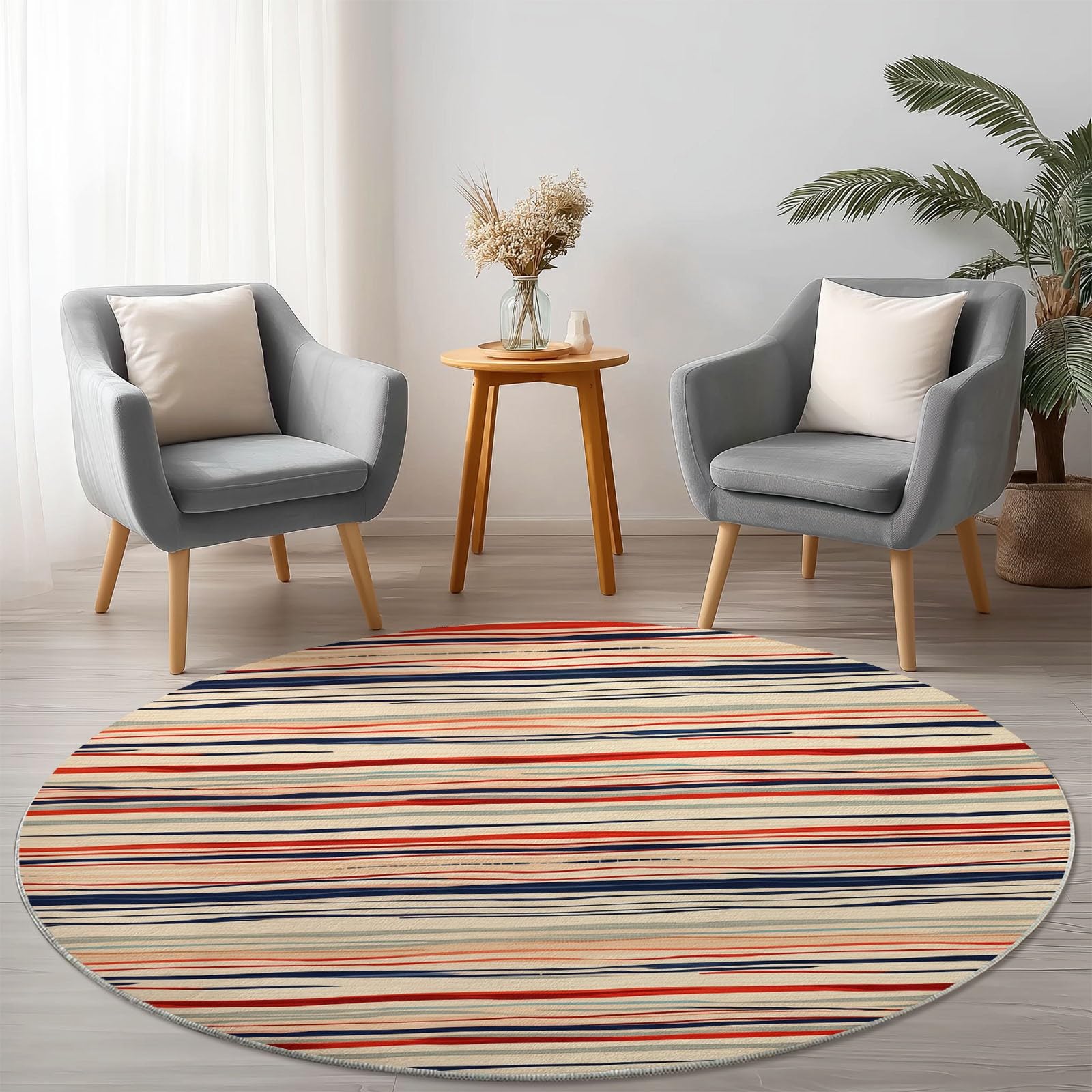 Tappeti Rotondi per Soggiorno, 120 cm, Stile Bohémien, a Righe Orizzontali, Lavabili, per Camera da Letto, Tappeto a Pelo Corto, Sottile, Antiscivolo per Sala da Pranzo, cameretta