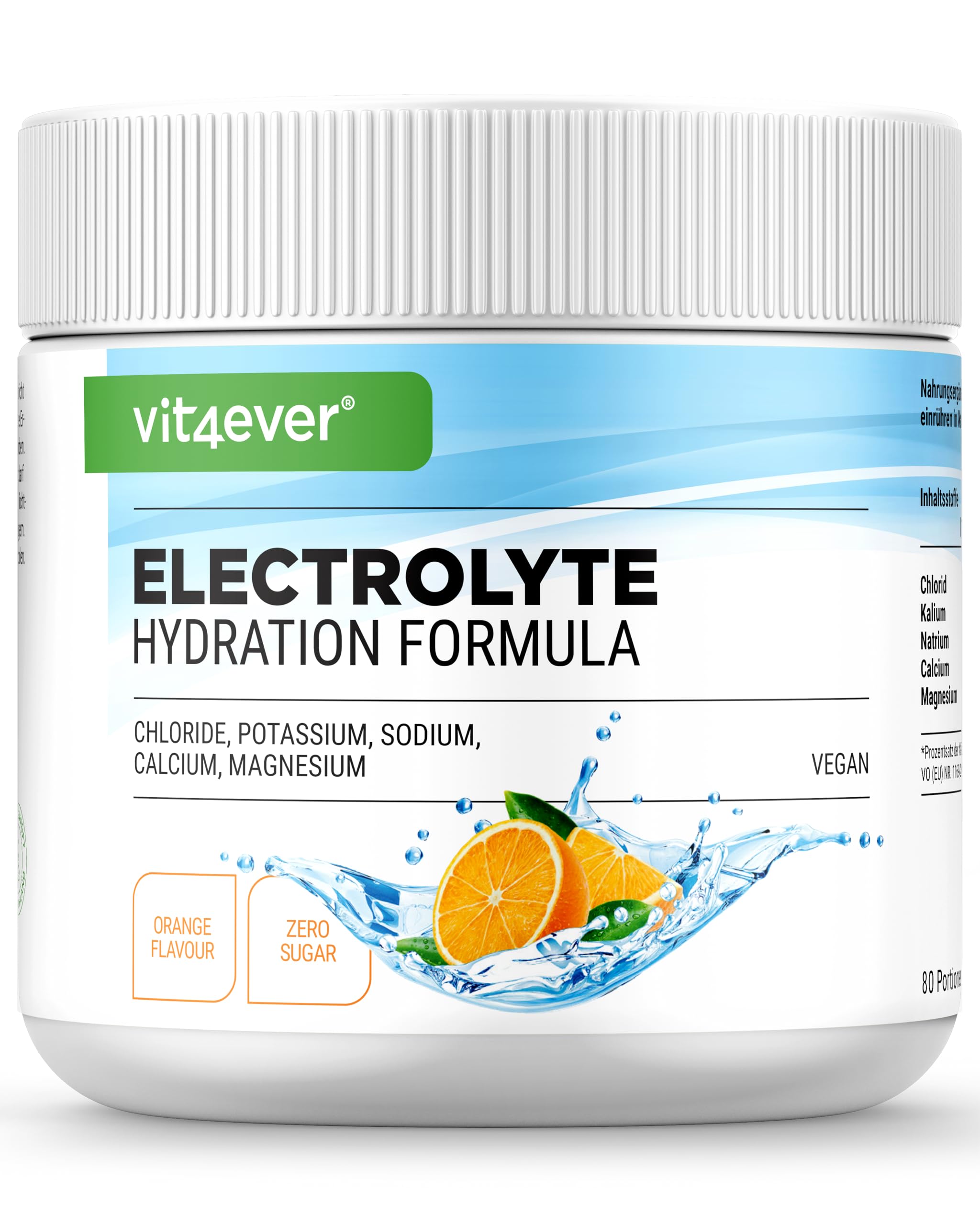 vit4ever Electrolitos - 400 g (80 Porciones) - Fórmula de Hidratación con Cloruro, Potasio, Sodio, Calcio, Magnesio - Sin Azúcar - Vegano - Sabor Naranja