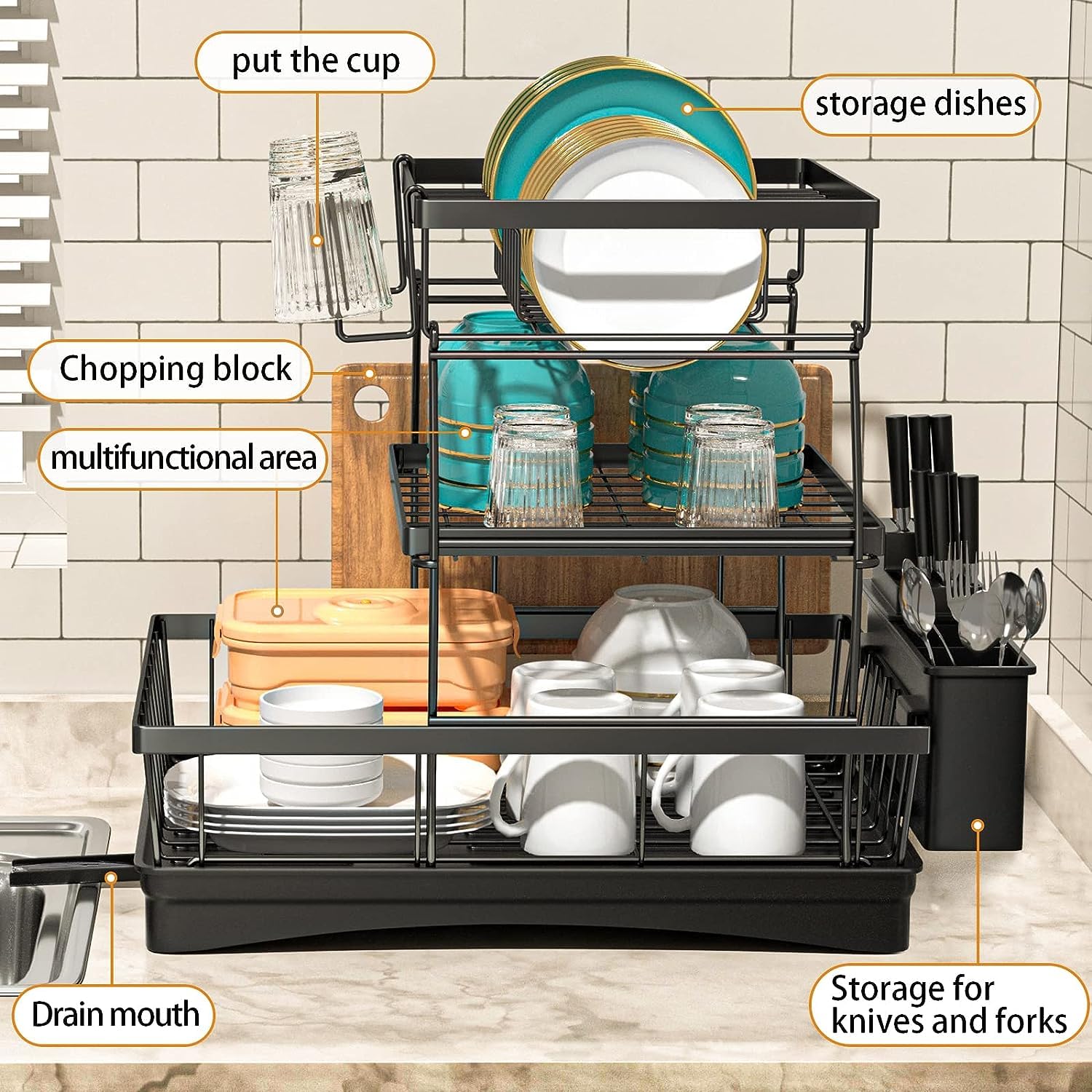 Metal Dish Drying Rack - 3 Tier with Utensil Holder -3 Metal Dish Drying Rack - 3 Tier with Utensil Holder -3