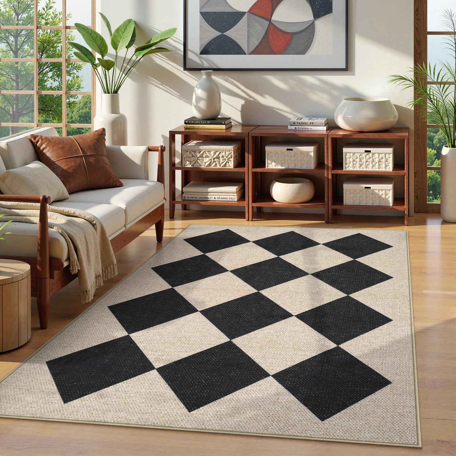 Collive Checkered Easy Jute Outdoor Area Rug 5x7, Washable Black Diamond Living Room Rugs Non Slip, Modern Farmhouse Indoor Outdoors Carpets for