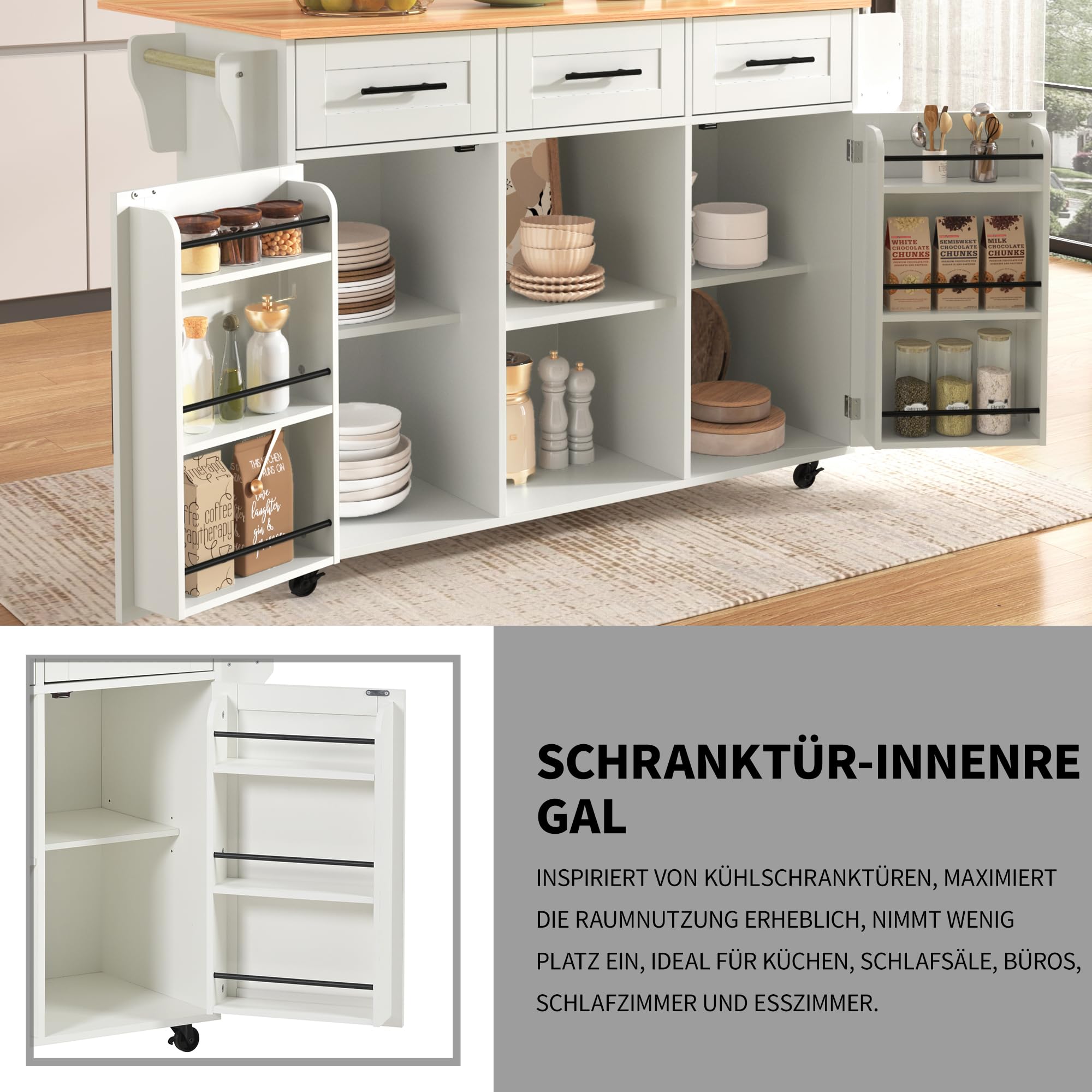 Küchenwagen, Kücheninsel Buffetschrank mit Arbeitsplatte klappbar und Rollen, Modern Küchenschrank, Servierwagen mit Verstellbares Regal, Gewürzregal und 3 Schubladen,139x46-71x91.5cm (Weiß)