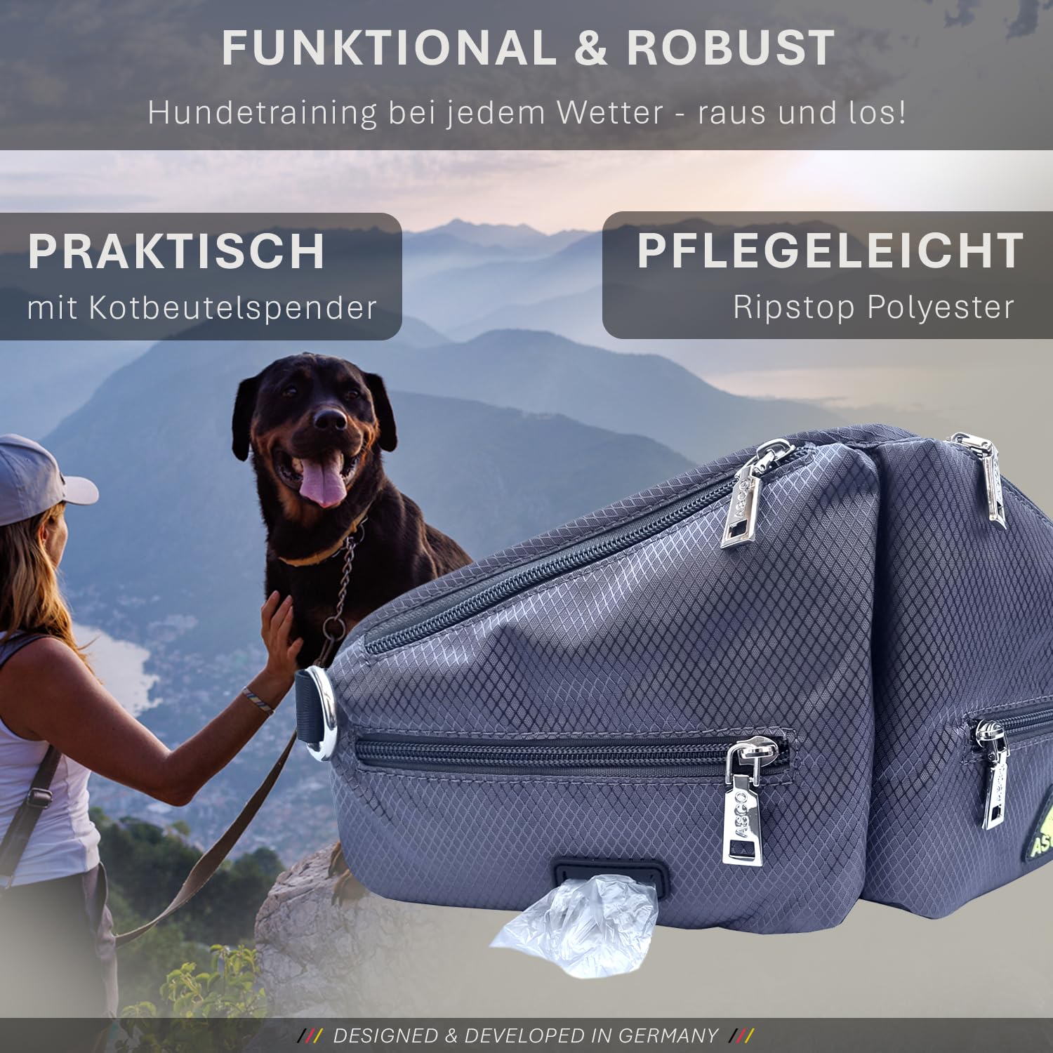 ASCO Bolsa para golosinas Duo para perros con 2 bolsillos para golosinas, bolsa de comida con compartimento para teléfono móvil y dispensador de bolsas de excrementos, bolsillo para comida con acceso