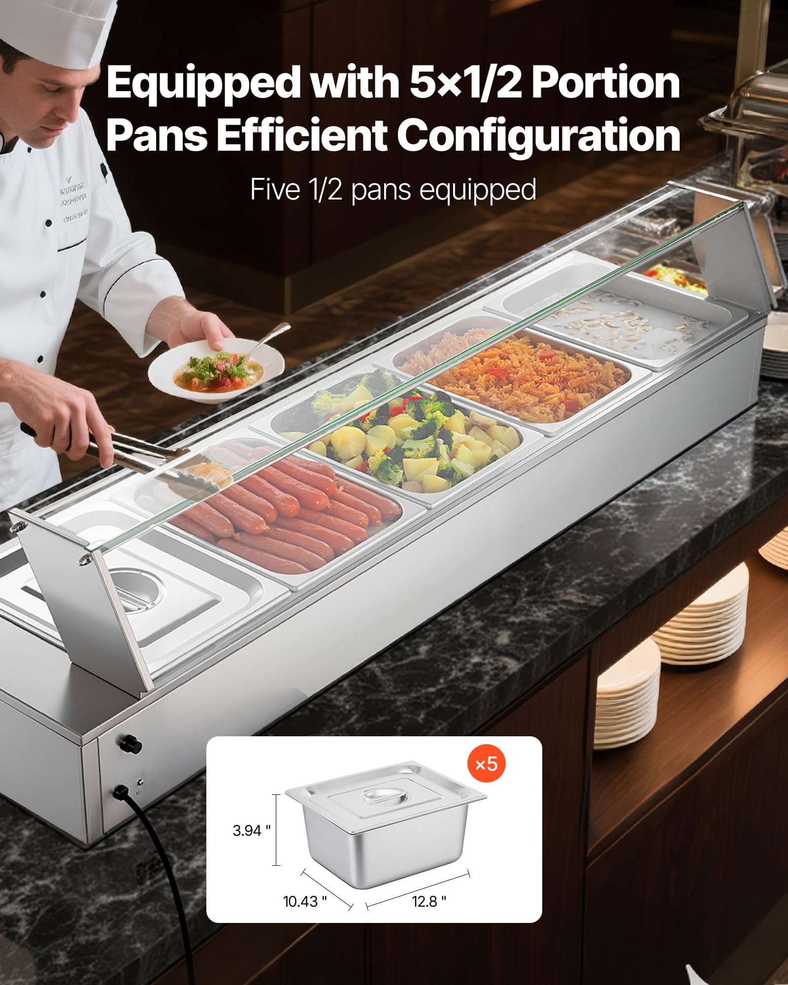 VEVOR Elektryczny podgrzewacz do żywności ze szklaną pokrywką i 5 pojemnikami, 1,5 kW, stal nierdzewna, z łaźnią wodną, do restauracji, na imprezy, bufety, 30-85℃, 1450 x 365 x 335 mm, srebrny