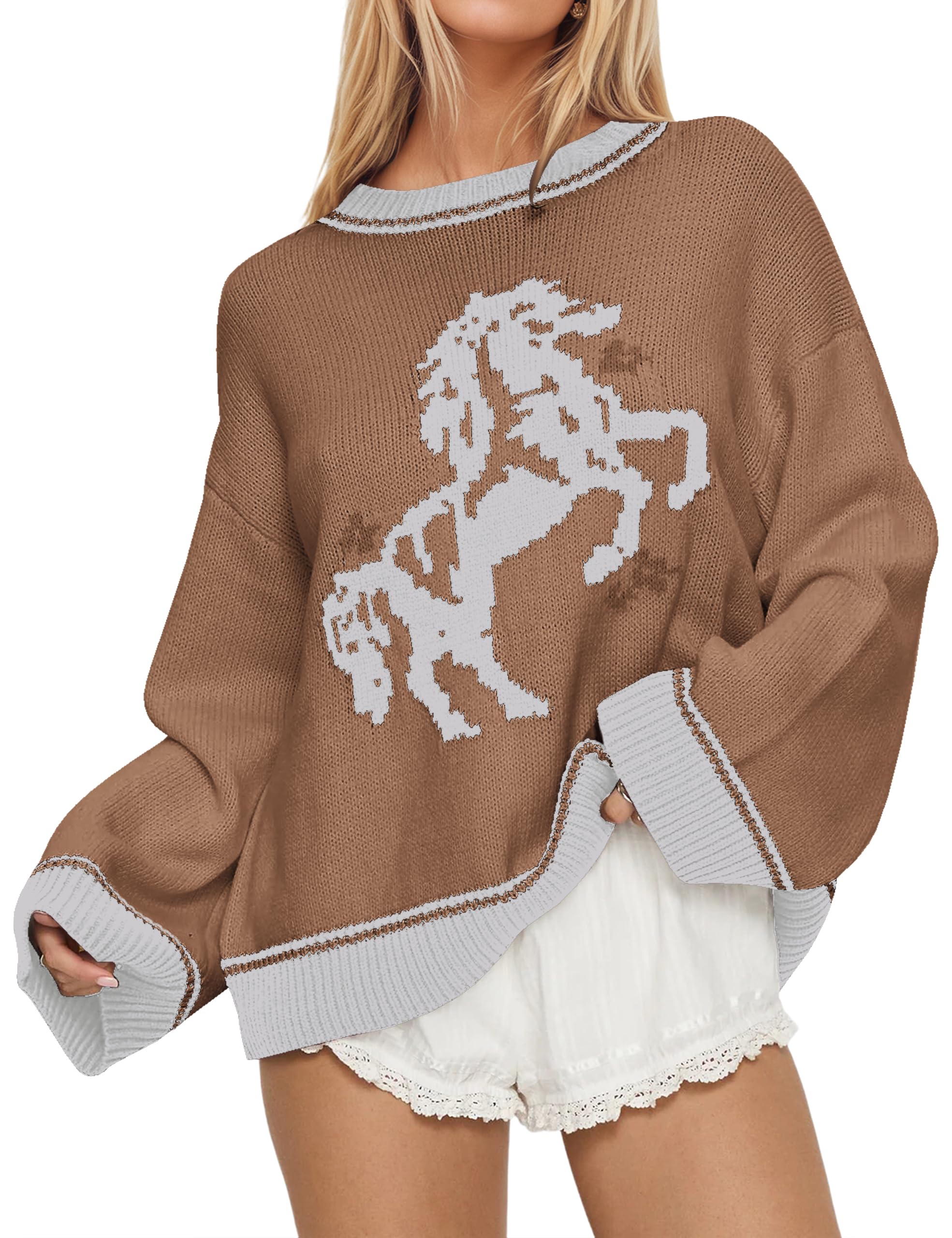 Crew Neck Oversized Sweater for Women Y2k Long Sleeve Sweaters Horse Graphic Knit Pullover Trendy Fall Sweater 2026