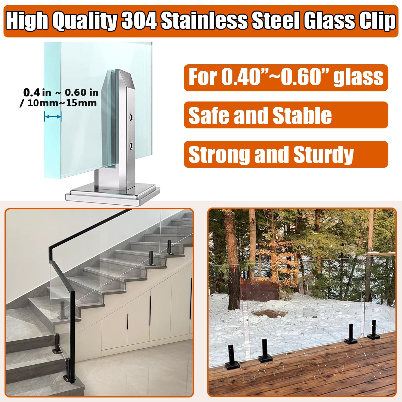 Uchwyt do balustrady szklanej, wytrzymały kwadratowy nosek ze stali nierdzewnej 304 10-15 mm, do ogrodzenia basenu, balkonu, schodów i podwórza, srebrny, zestaw 2 szt. (20 szt