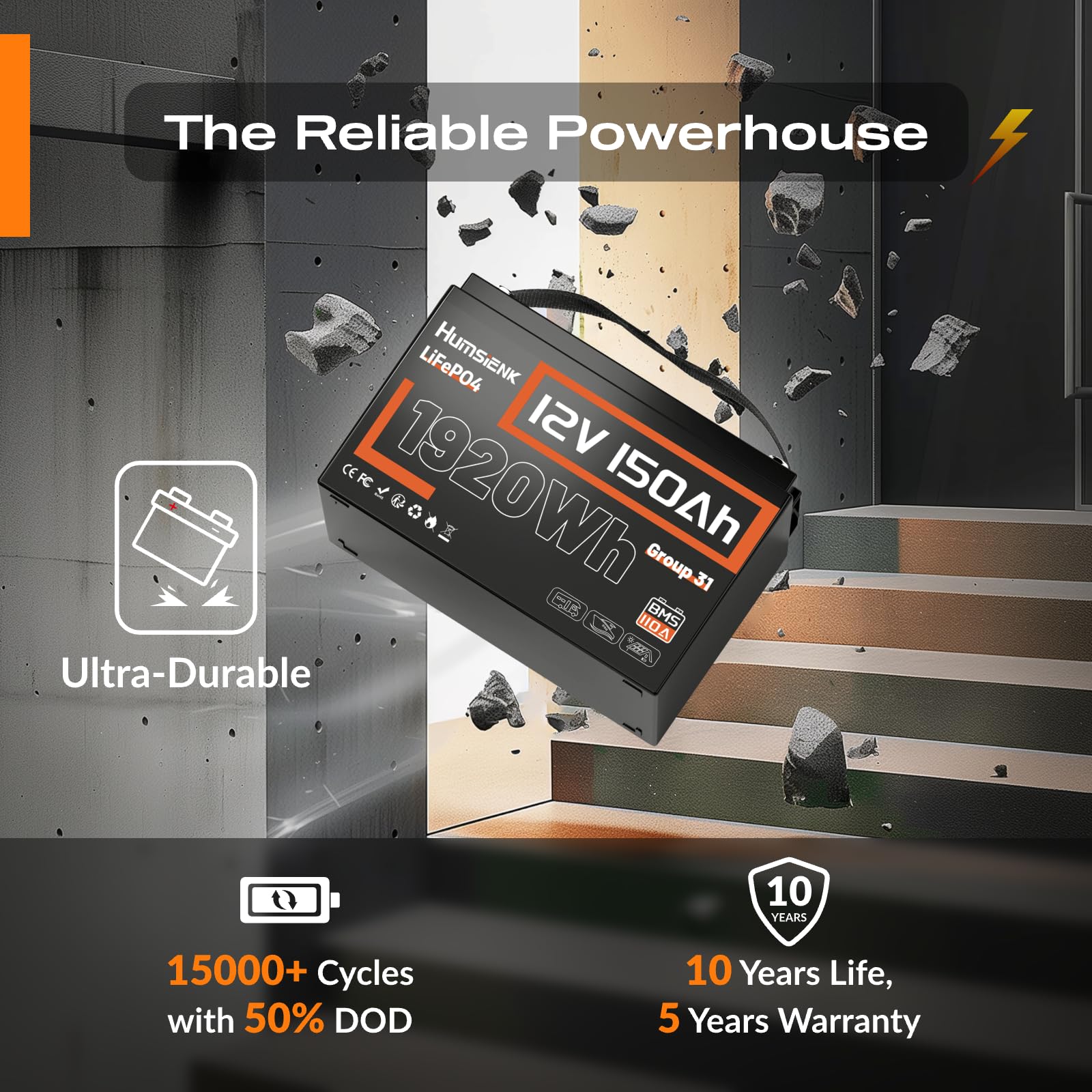 Humsienk 12V 150Ah akumulator Deep Cycle LiFePO4 z BMS 110 A, 15000 cykli, maks. 1920 Wh energii z funkcją ochrony przed niską temperaturą, idealny zamiennik dla akumulatorów kwasowo-ołowiowych